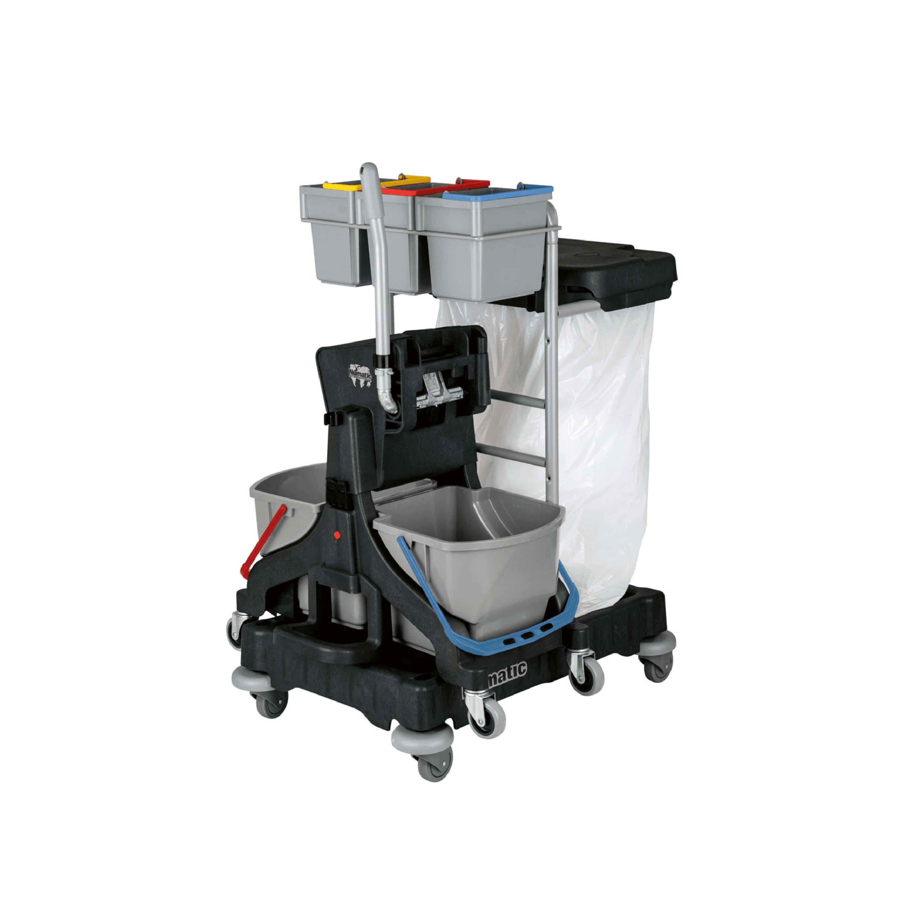 Numatic Profi-Reinigungswagen Numatic-Reinigungswagen mit grauen Eimern, Mopppresse und Abfallbeutelhalter für die professionelle Gebäudewartung