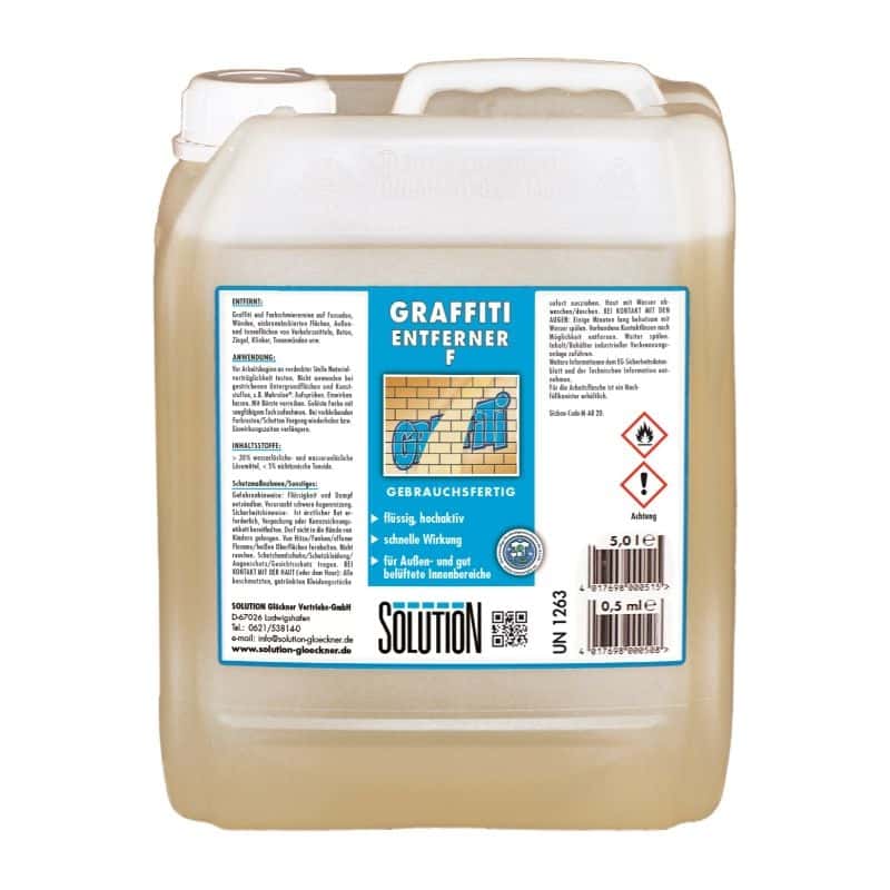 Graffiti-Entferner F im 5-Liter-Kanister Graffiti-Entferner im 5-Liter-Kanister mit Produktetikett.