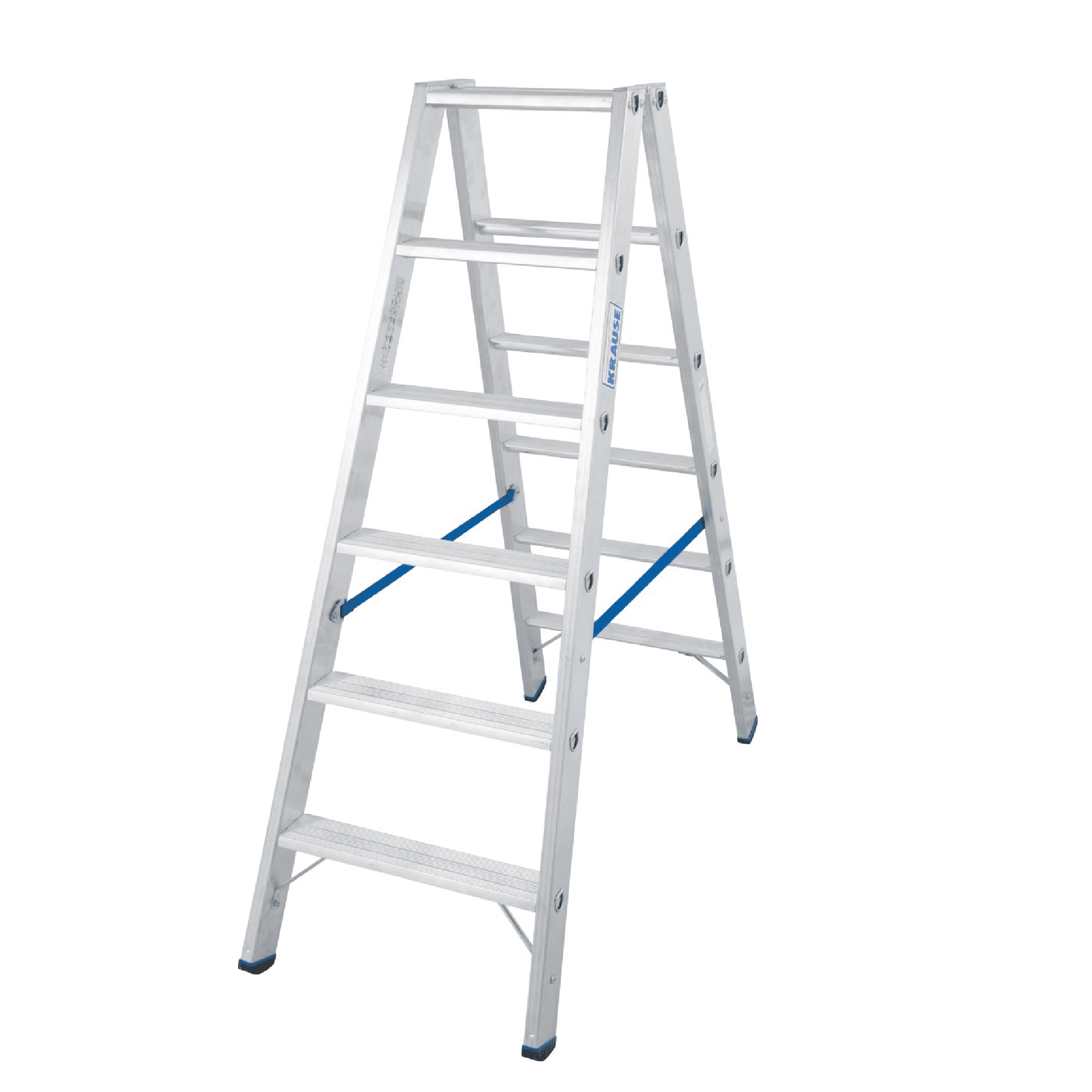 KRAUSE Aluminium-Trittleiter mit sechs Stufen KRAUSE-Systems Aluminium-Stehleiter mit sechs Stufen und blauen Akzenten.