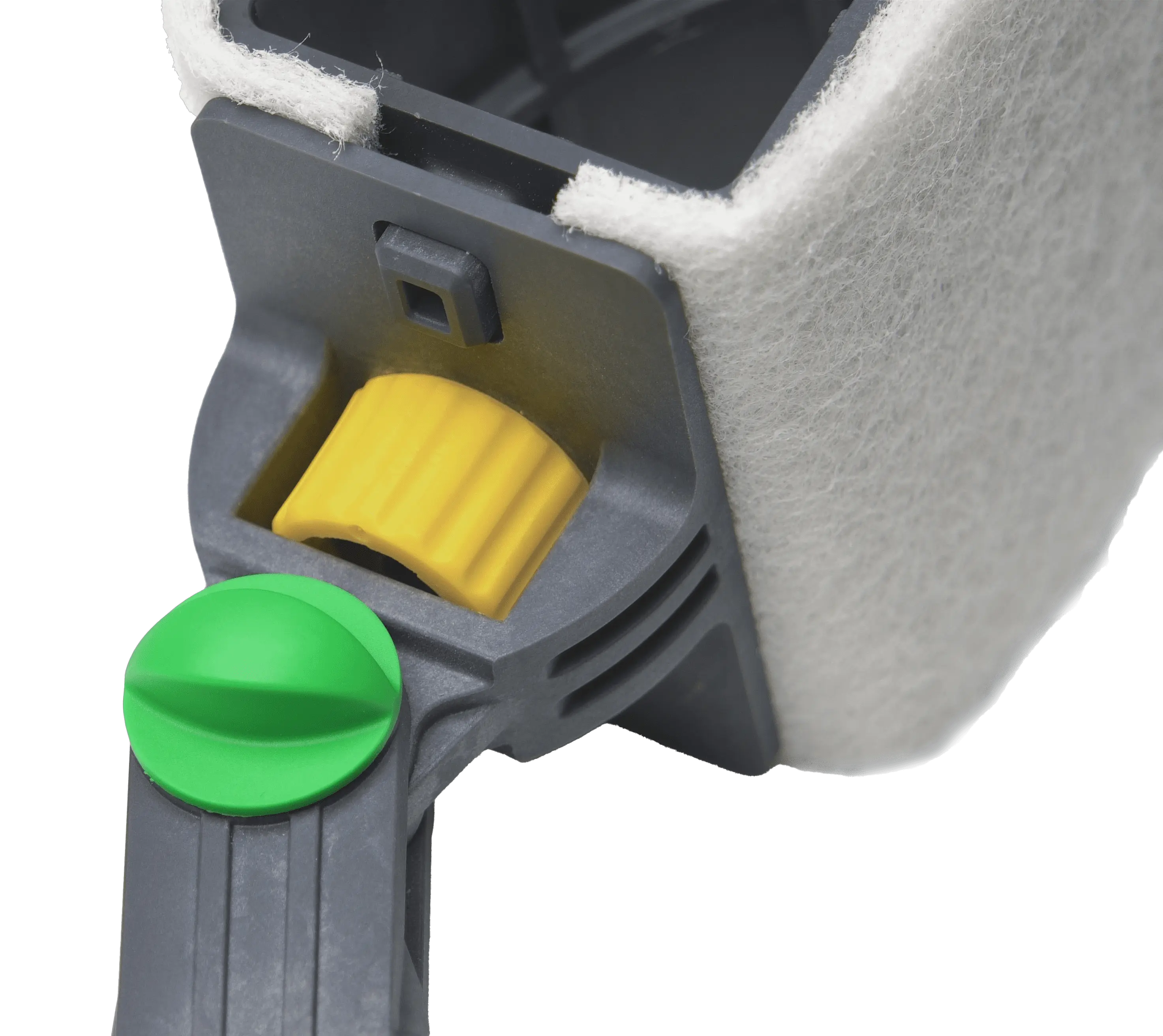 Grauer Mopphalter mit grünem Drehgelenk und gelbem Verriegelungsmechanismus für die professionelle Gebäudereinigung