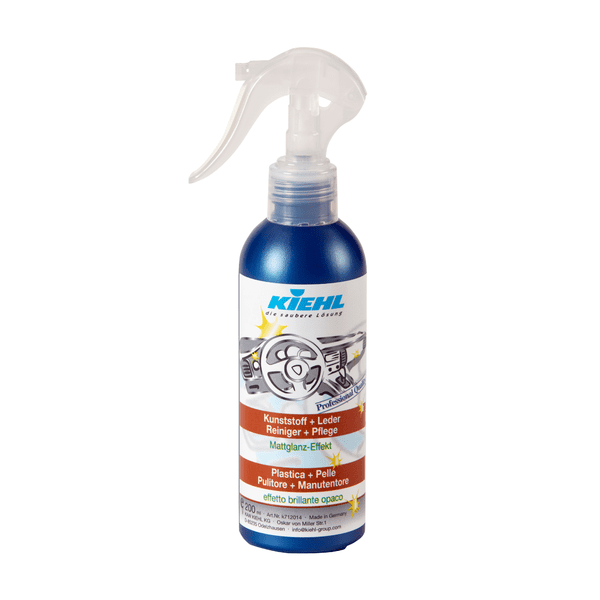 Kiehl Kunststoff- und Lederreiniger in blauer Sprühflasche mit weißem Sprühkopf für Fahrzeuginnenreinigung Kiehl Kunststoff- und Lederreiniger in blauer Sprühflasche mit weißem Sprühkopf für Fahrzeuginnenreinigung