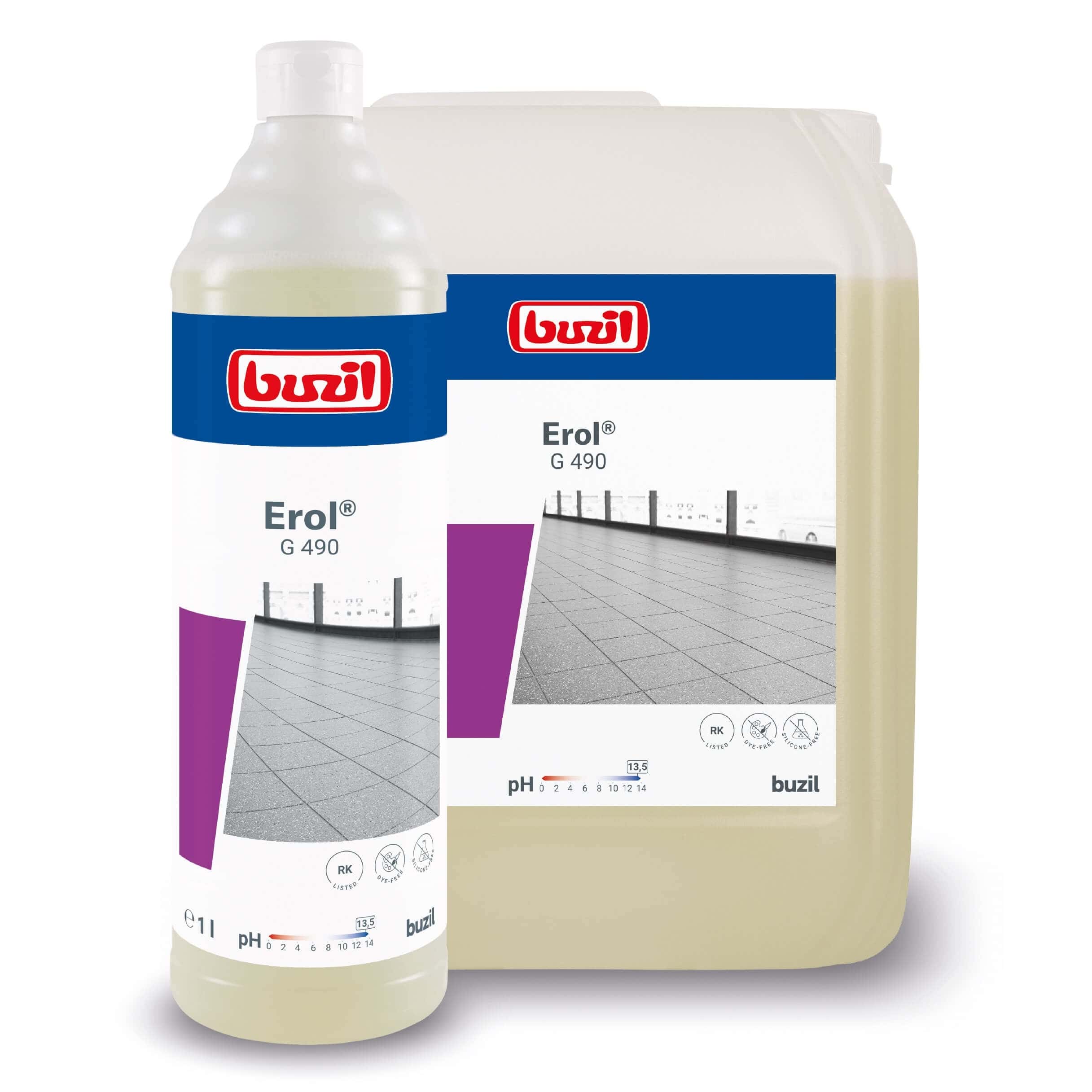 Buzil Erol G 490 Intensivreiniger Buzil Erol G 490 Intensivreiniger in Flasche und Kanister mit weißem Etikett für professionelle Bodenreinigungsaufgaben