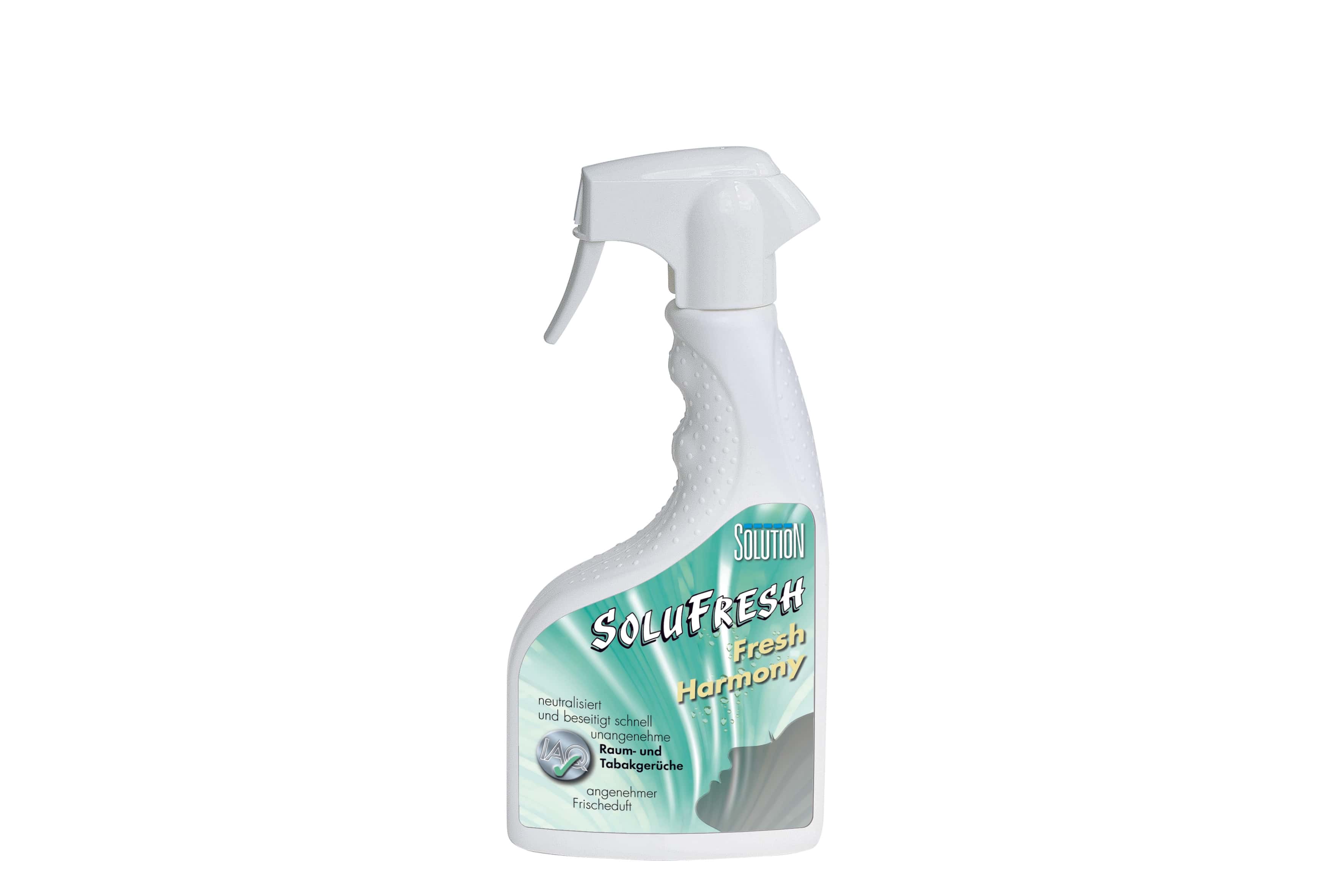 Solufresh Fresh Harmony Raumerfrischer Sprühflasche mit weißem Sprühkopf und grün-weißem Etikett für frischen Duft Solufresh Fresh Harmony Raumerfrischer Sprühflasche mit weißem Sprühkopf und grün-weißem Etikett für frischen Duft