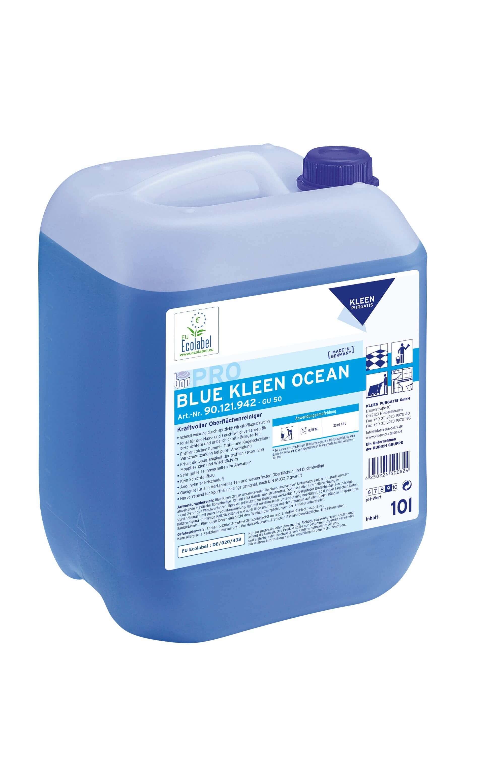 Blue Kleen Ocean Oberflächenreiniger, 10-Liter-Kanister Blue Kleen Ocean Oberflächenreiniger im 10-Liter-Kanister mit blauem Etikett für die professionelle Bodenunterhaltsreinigung