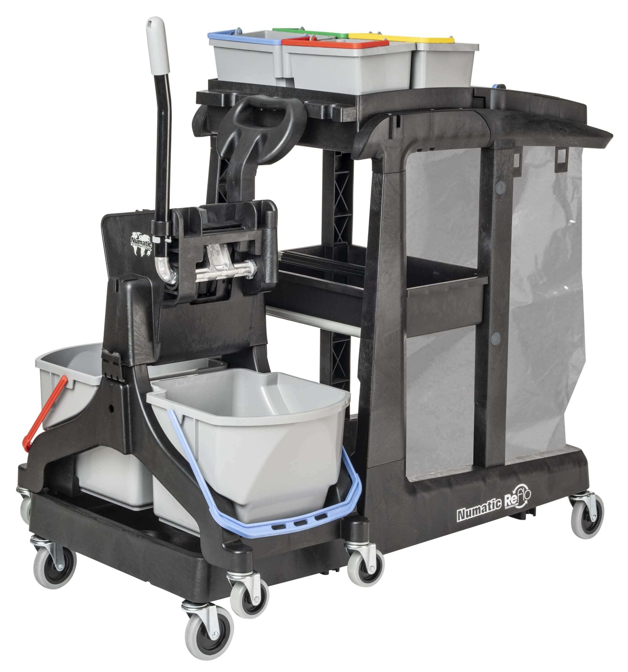 Numatic Profi-Reinigungswagen Numatic Reinigungswagen mit Mopppresse, mehreren Eimern und Abfallbeutelhalter für die professionelle Gebäudereinigung