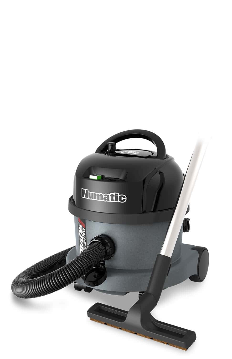 Numatic Trockenstaubsauger Numatic-Trockensauger mit grauem Behälter, schwarzem Gehäuseoberteil, Saugschlauch und Bodendüse zur Bodenreinigung