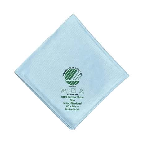 Hellblaues Mikrofasertuch mit Nordic Swan Ecolabel und Produktinformationen für die professionelle Glasreinigung Hellblaues Mikrofasertuch mit Nordic Swan Ecolabel und Produktinformationen für die professionelle Glasreinigung