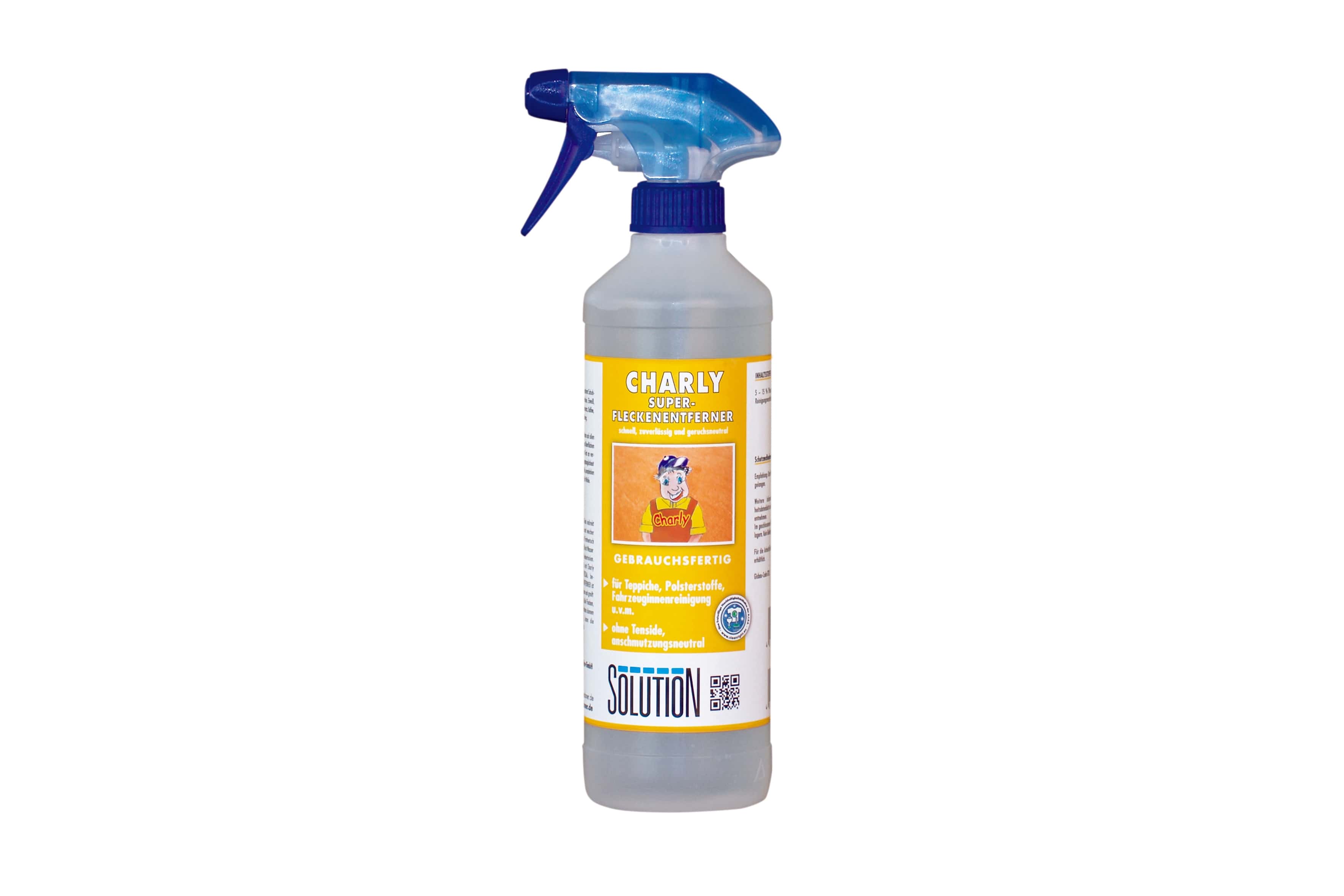 Charly Super Fleckenentferner Sprühflasche mit blauem Sprühkopf und gelbem Etikett für Teppich- und Polsterreinigung Charly Super Fleckenentferner Sprühflasche mit blauem Sprühkopf und gelbem Etikett für Teppich- und Polsterreinigung
