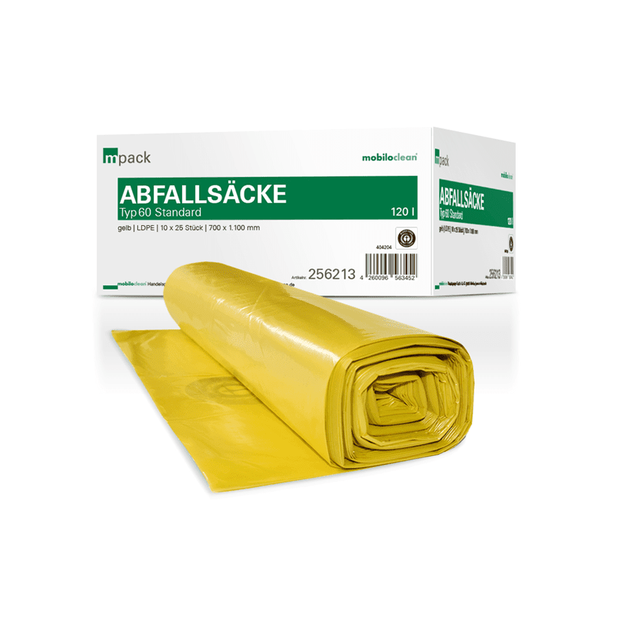 Mpack Gelbe Abfallsäcke 120 Liter Gelbe Mpack-Müllbeutel in der 120-Liter-Rolle mit passender Spenderbox aus Pappe für die professionelle Müllentsorgung