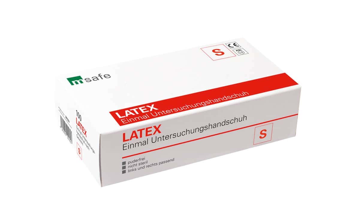 Msafe Latex Einweg-Untersuchungshandschuhe Größe S Msafe Latex-Einweg-Untersuchungshandschuhe im weißen Karton der Größe S für professionelle Hygiene- und Reinigungsaufgaben