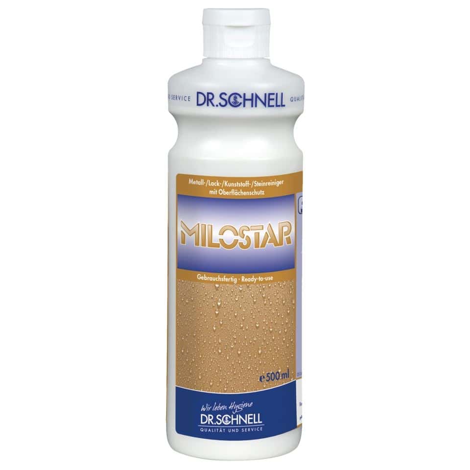 Dr. Schnell Milostar Metall-Lack-Kunststoff-Steinreiniger in weißer 500ml Flasche mit goldenem Etikett Dr. Schnell Milostar Metall-Lack-Kunststoff-Steinreiniger in weißer 500ml Flasche mit goldenem Etikett