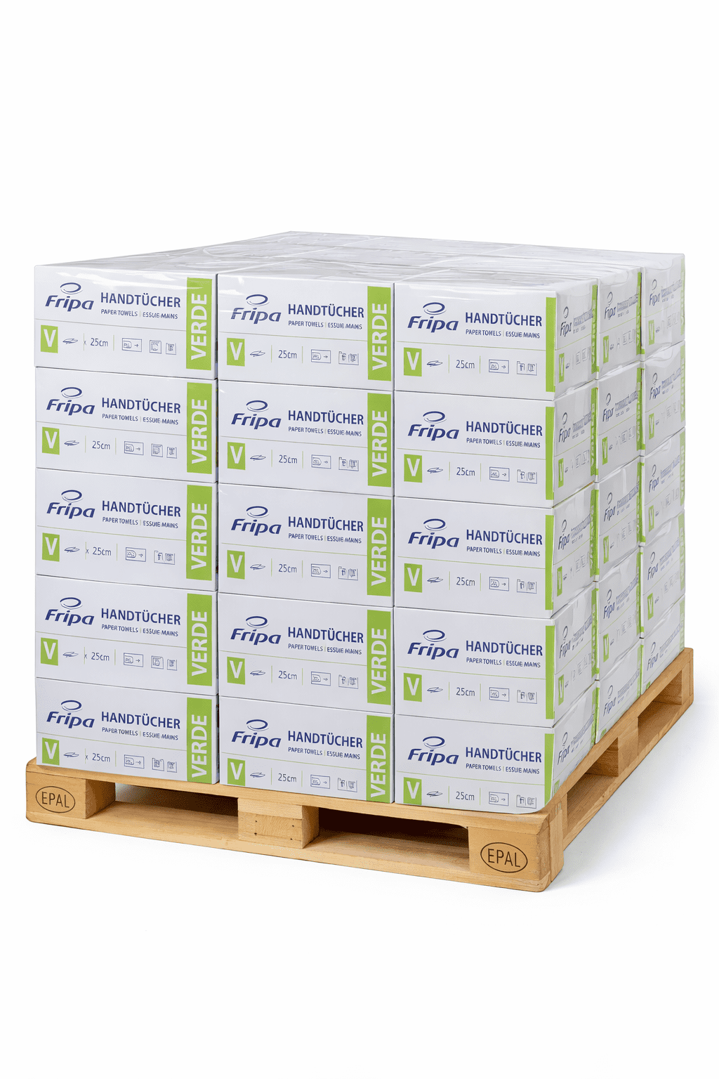 Fripa Handtücher Verde, ein Palettenstapel mit mehreren Kartons von Papierhandtüchern für den professionellen Einsatz. Fripa Handtücher Verde, ein Palettenstapel mit mehreren Kartons von Papierhandtüchern für den professionellen Einsatz.