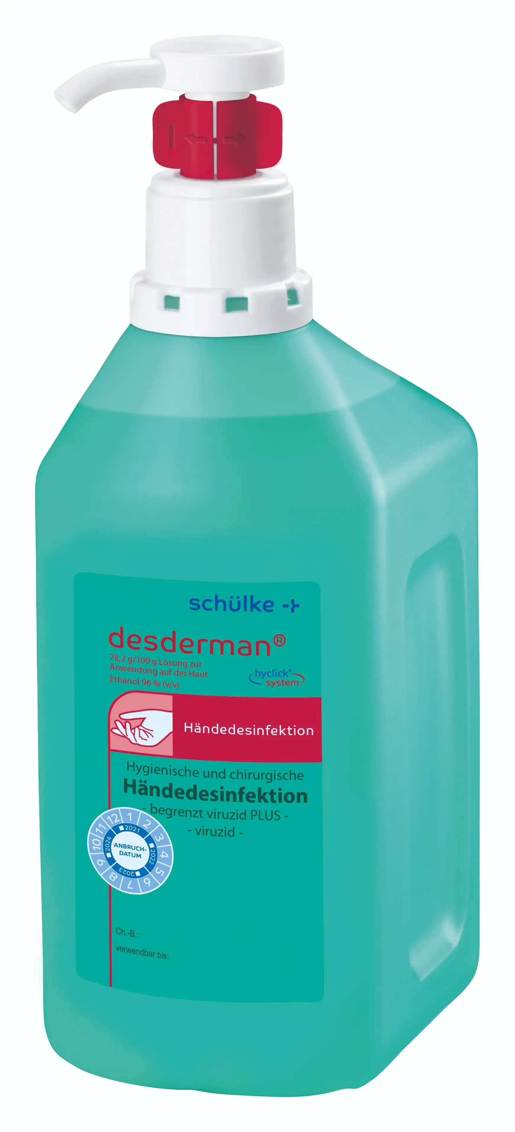 Schülke Desderman Händedesinfektionsflasche Schülke desderman Händedesinfektionsmittel in grüner Flasche mit weißem Pumpspender für professionelle Hygieneanwendungen