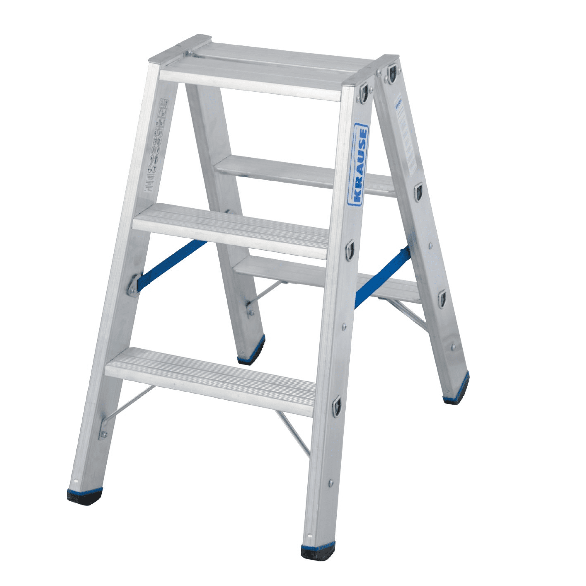 Krause Aluminium-Trittleiter Krause Aluminium-Stehleiter mit drei breiten Stufen und blauen Sicherheitsgurten für den professionellen Einsatz in der Gebäudeinstandhaltung