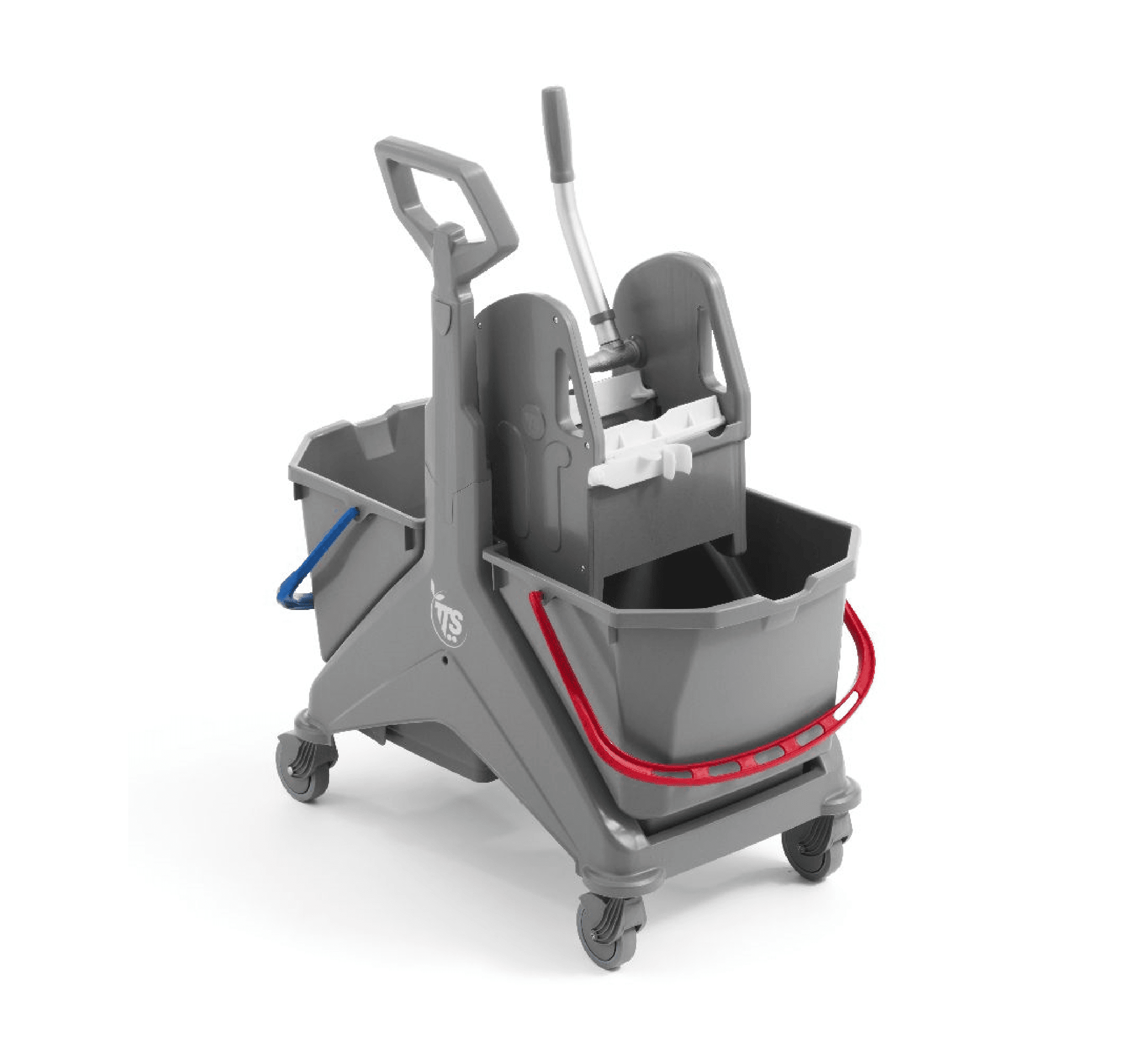 TTS Reinigungswagen mit Wringer Grauer TTS-Reinigungswagen mit integrierter Presse und zwei Eimern für die professionelle Bodenreinigung im gewerblichen Bereich
