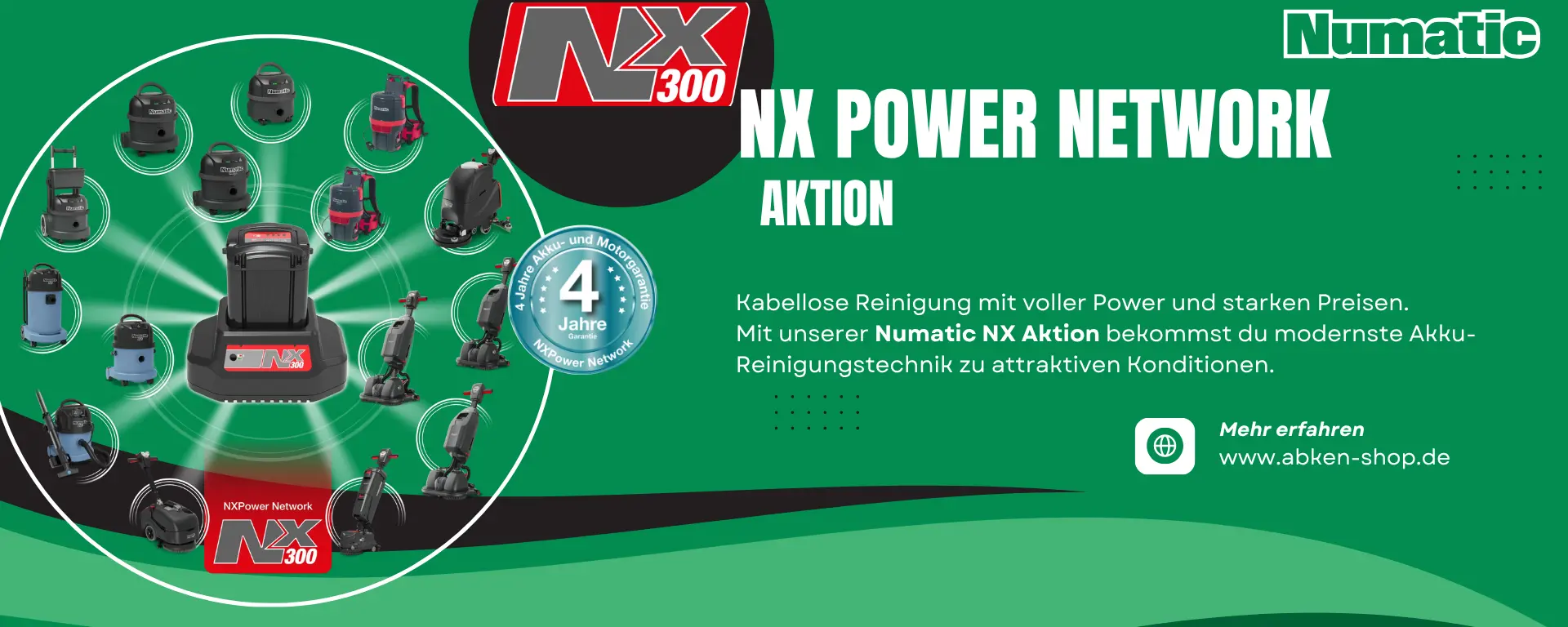 Numatic NX300 Akku-Reinigungsmaschine mit schwarzem Gehäuse und rotem Logo für kabellose Reinigung