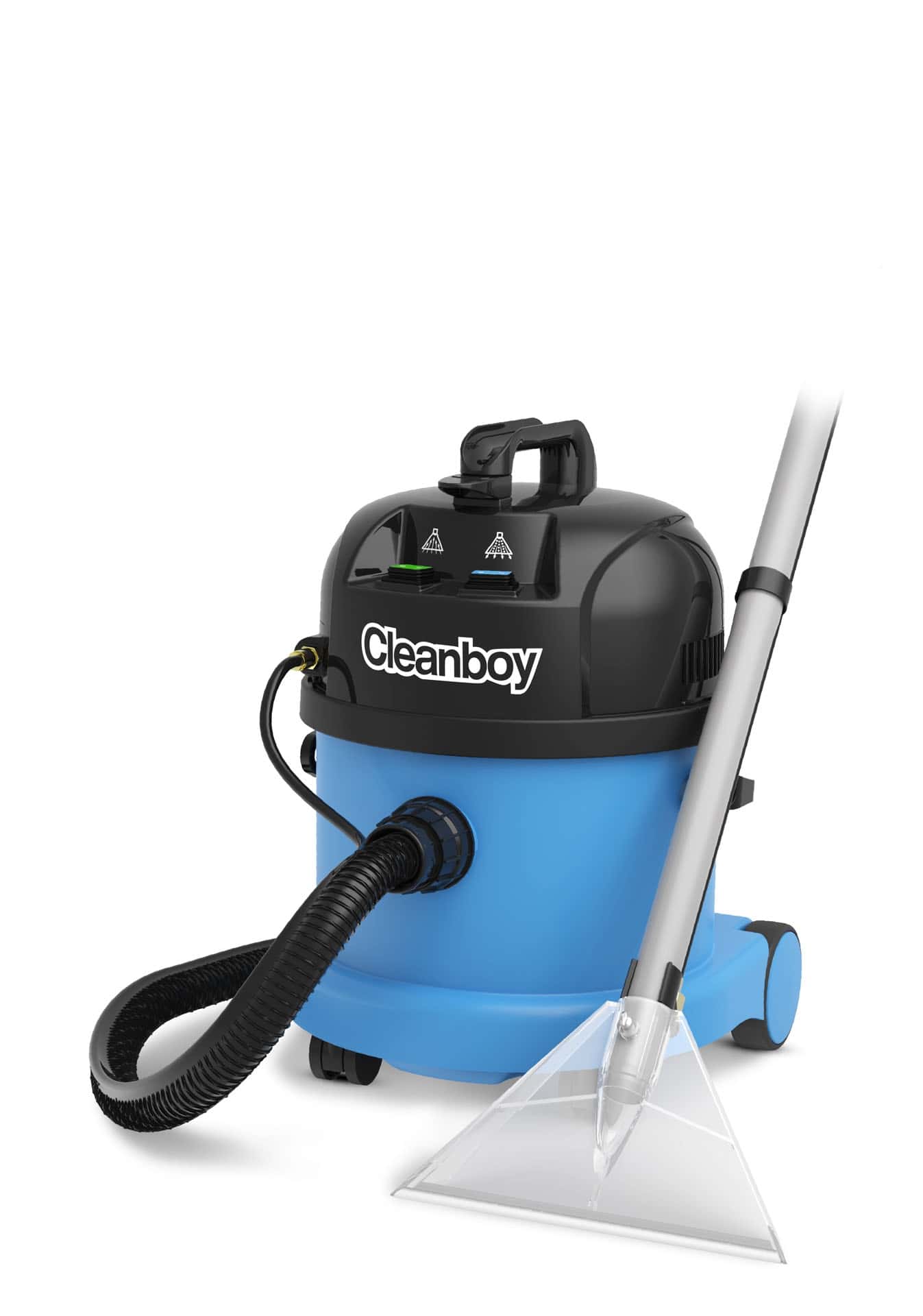 Cleanboy Sprühextraktionsgerät in Blau und Schwarz mit Saugschlauch und transparenter Bodendüse für die professionelle Teppichreinigung. Cleanboy Sprühextraktionsgerät in Blau und Schwarz mit Saugschlauch und transparenter Bodendüse für die professionelle Teppichreinigung.
