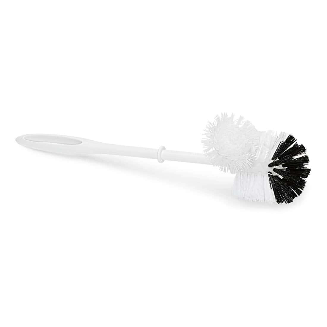 Professionelle Toilettenbürste mit Doppelborstenkopf Weiße Toilettenbürste mit langem Griff und zweifarbigem schwarz-weißem Borstenkopf für professionelle Hygiene