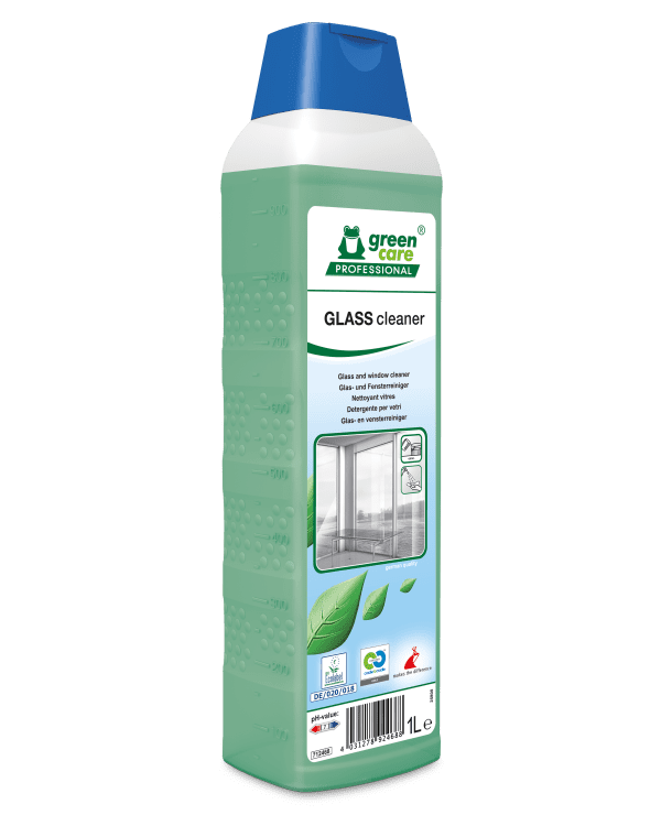 Green Care Professioneller Glasreiniger Green Care Professioneller Glasreiniger in der 1-Liter-Flasche mit blauem Verschluss für professionelle Fensterreinigungsaufgaben