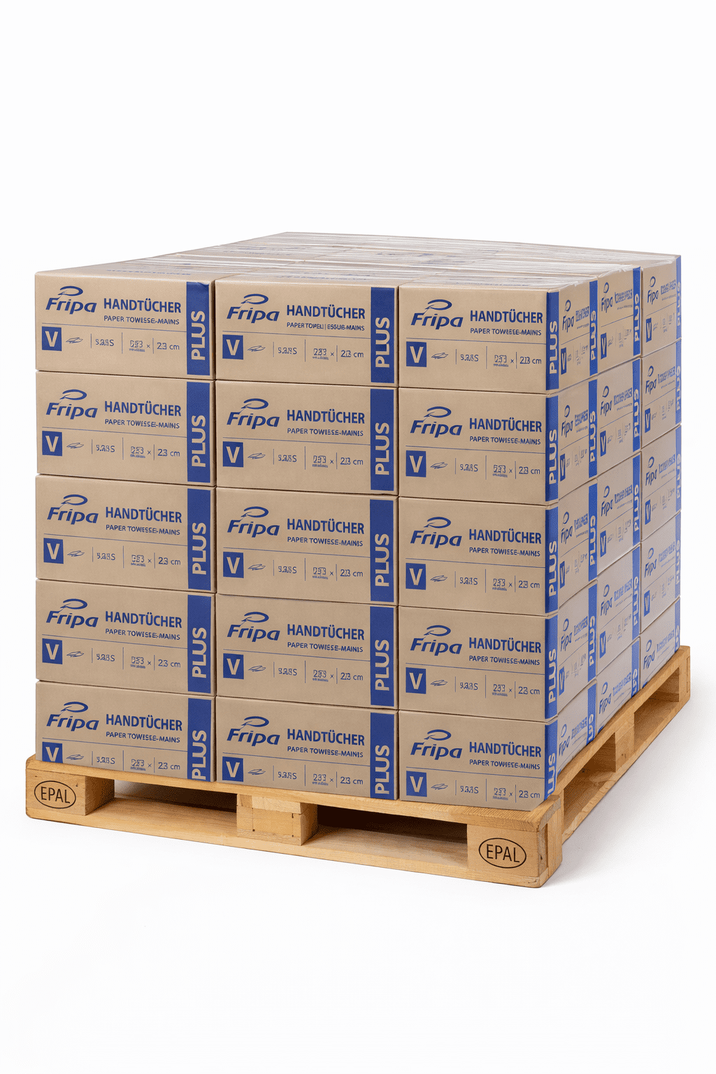 Fripa Plus Handtücher auf einer Europalette, braune Kartons mit blauem Aufdruck für den gewerblichen Einsatz. Fripa Plus Handtücher auf einer Europalette, braune Kartons mit blauem Aufdruck für den gewerblichen Einsatz.