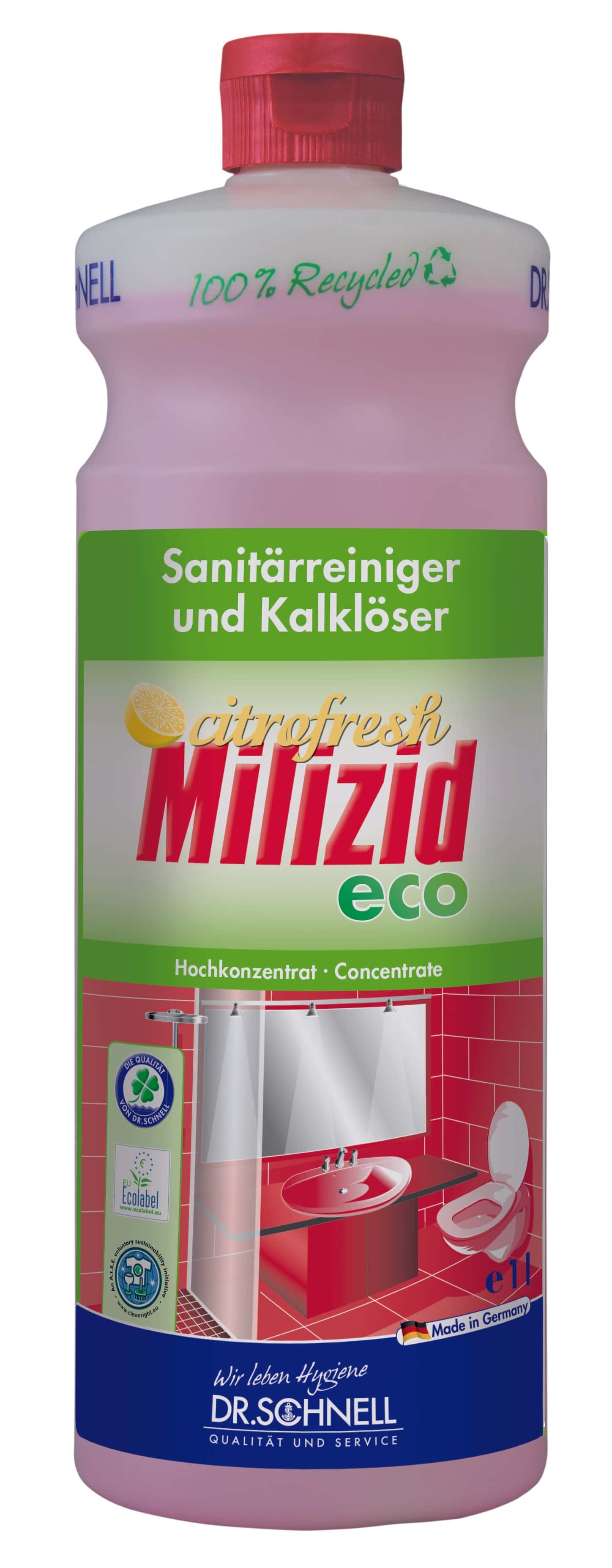 Dr. Schnell Milizid Öko-Sanitärreiniger Dr. Schnell Milizid Eco Sanitärreiniger und Kalklöser in der 1-Liter-Flasche für die professionelle Badreinigung