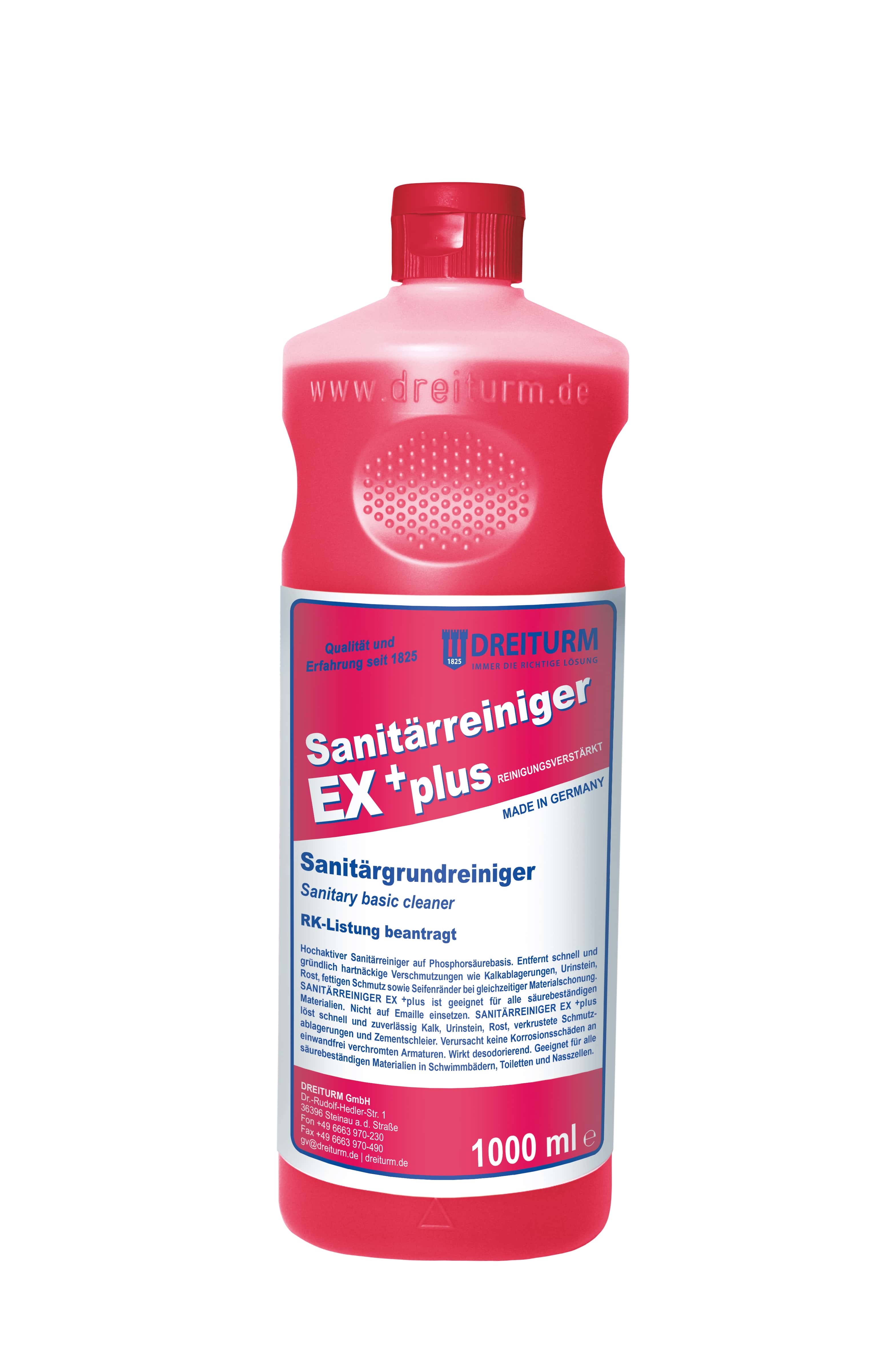 Dreiturm Sanitärreiniger EX plus in der 1-Liter-Flasche mit Produktetikett