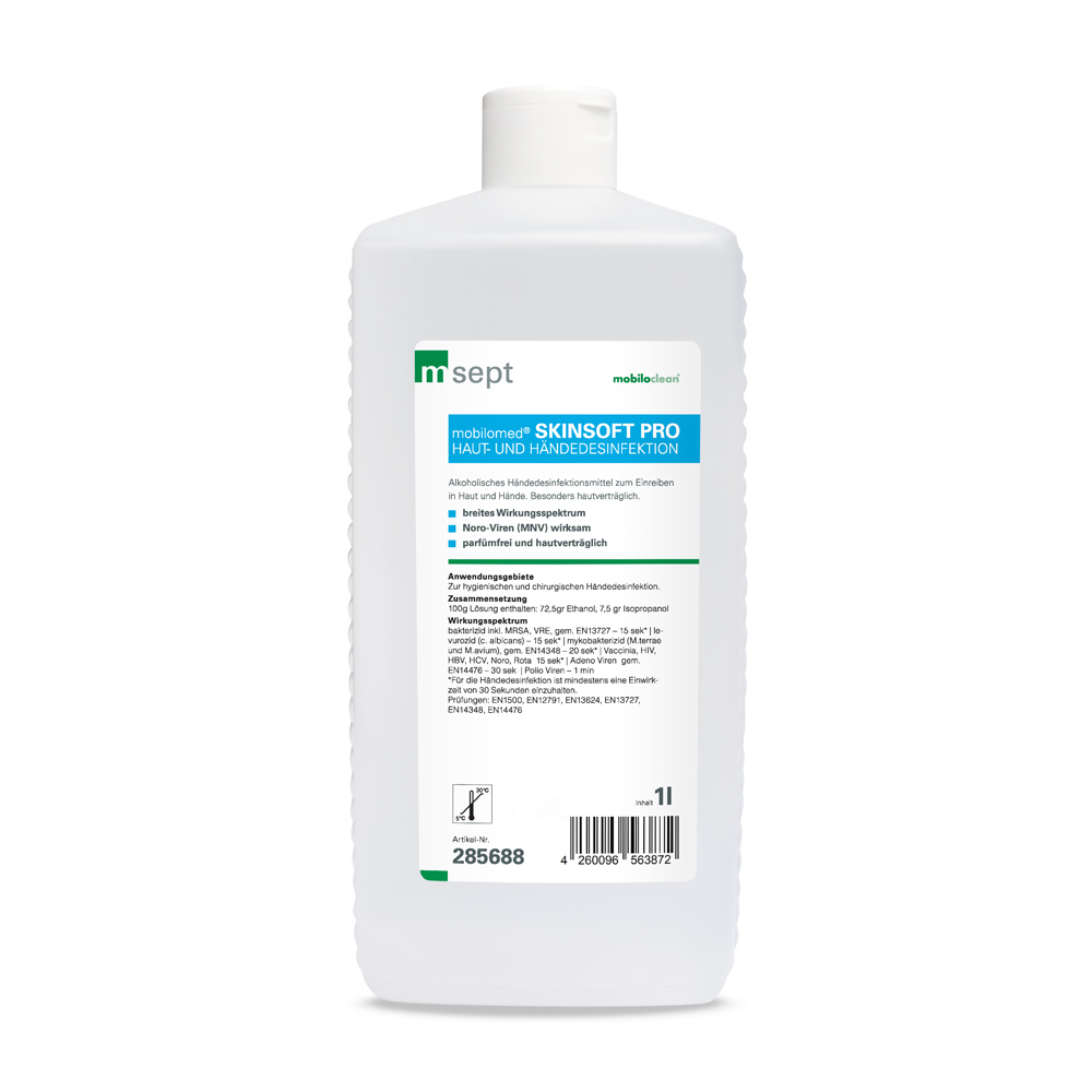 Mobilomed Skinsoft Pro Händedesinfektionsmittel in der 1-Liter-Flasche mit weißem Verschluss für professionelle Hygieneanwendungen