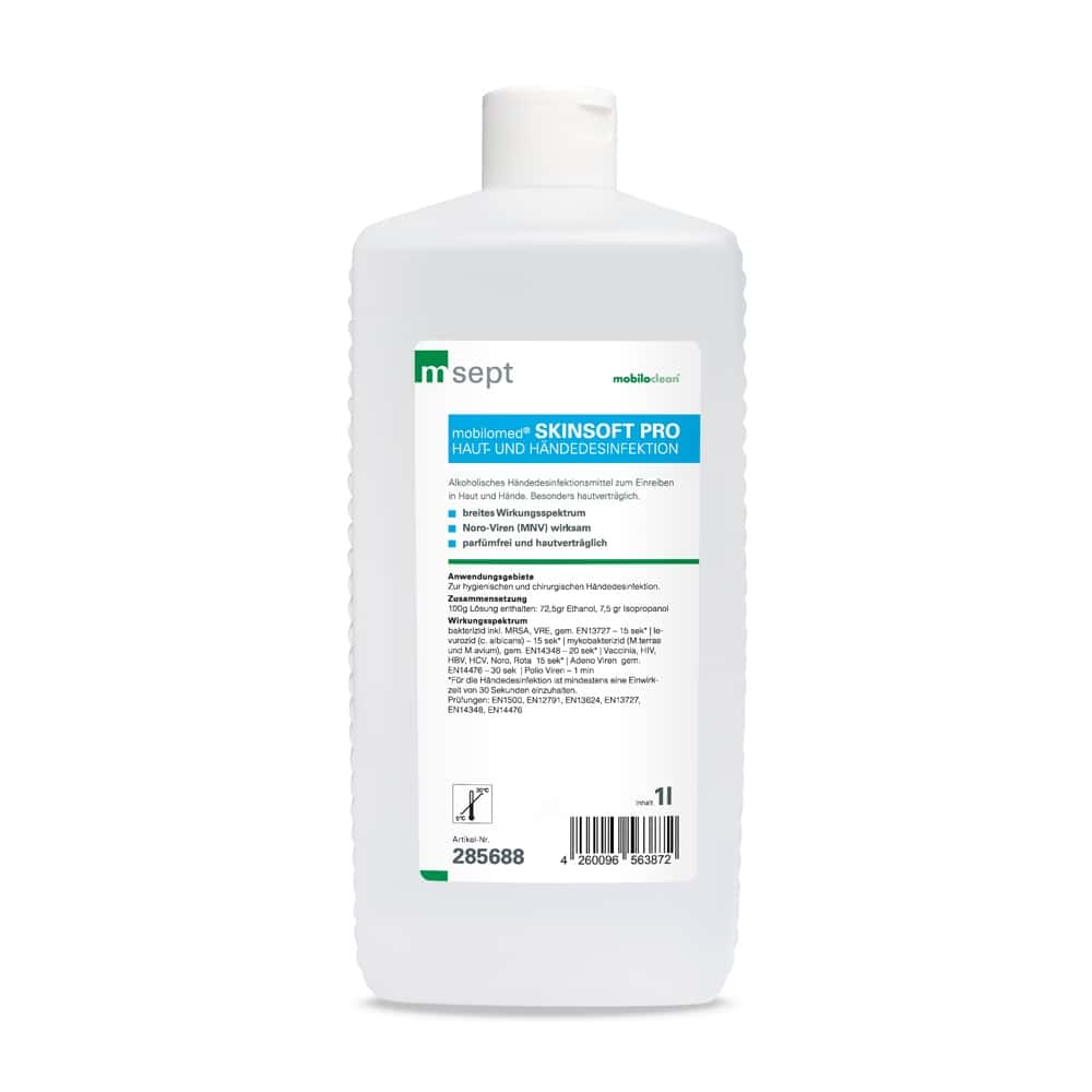 Mobilomed Skinsoft Pro Händedesinfektionsmittel 1 Liter Mobilomed Skinsoft Pro Händedesinfektionsmittel in der 1-Liter-Flasche mit weißem Verschluss für professionelle Hygieneanwendungen