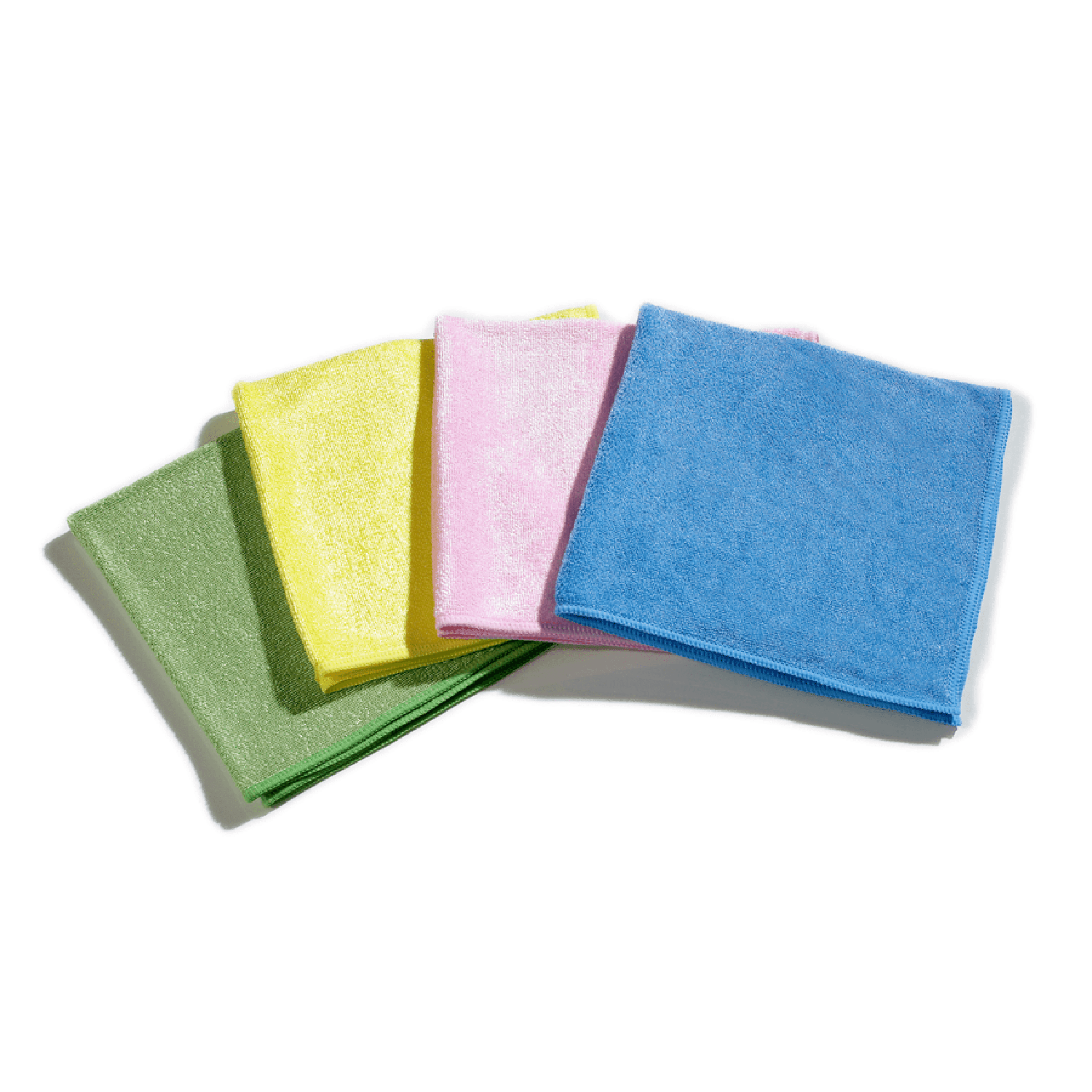 Set aus vier bunten Mikrofaser-Reinigungstüchern Set aus vier bunten Mikrofaser-Reinigungstüchern in den Farben Grün, Gelb, Pink und Blau für die professionelle Oberflächenreinigung