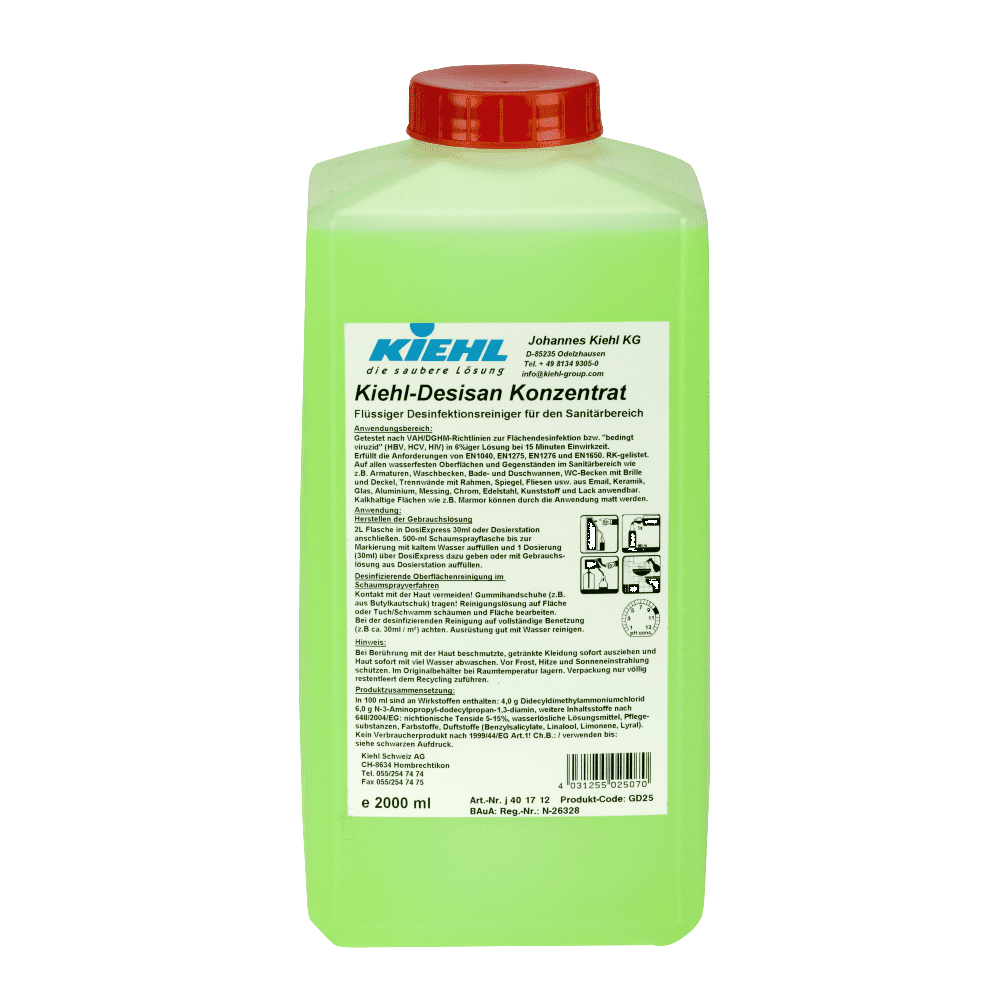 Kiehl Desisan Desinfektionskonzentrat 2 Liter Kiehl Desisan Desinfektionskonzentrat in der 2-Liter-Flasche mit rotem Verschluss für professionelle Sanitärreinigungsaufgaben