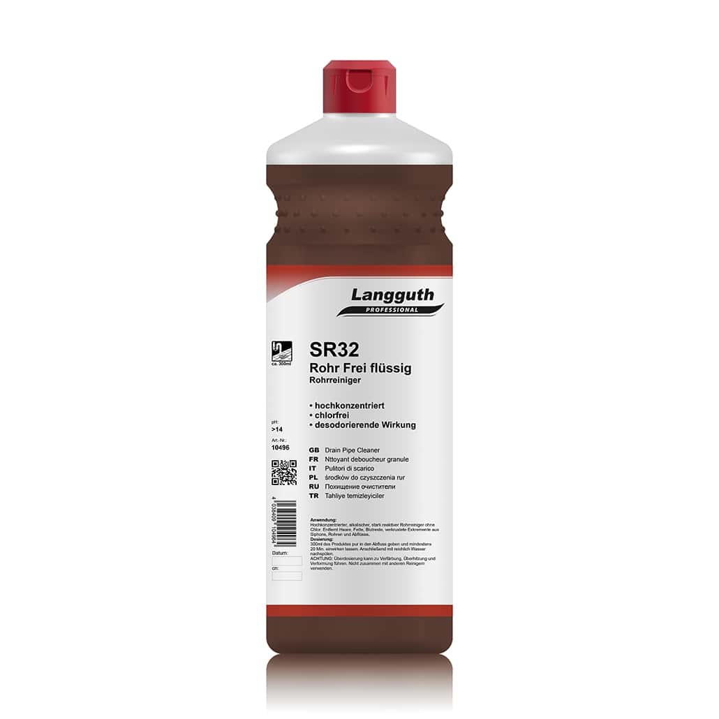 Languth Professional SR32 Rohr Frei flüssig Rohrreiniger Flasche mit rotem Deckel und weißem Etikett Languth Professional SR32 Rohr Frei flüssig Rohrreiniger Flasche mit rotem Deckel und weißem Etikett