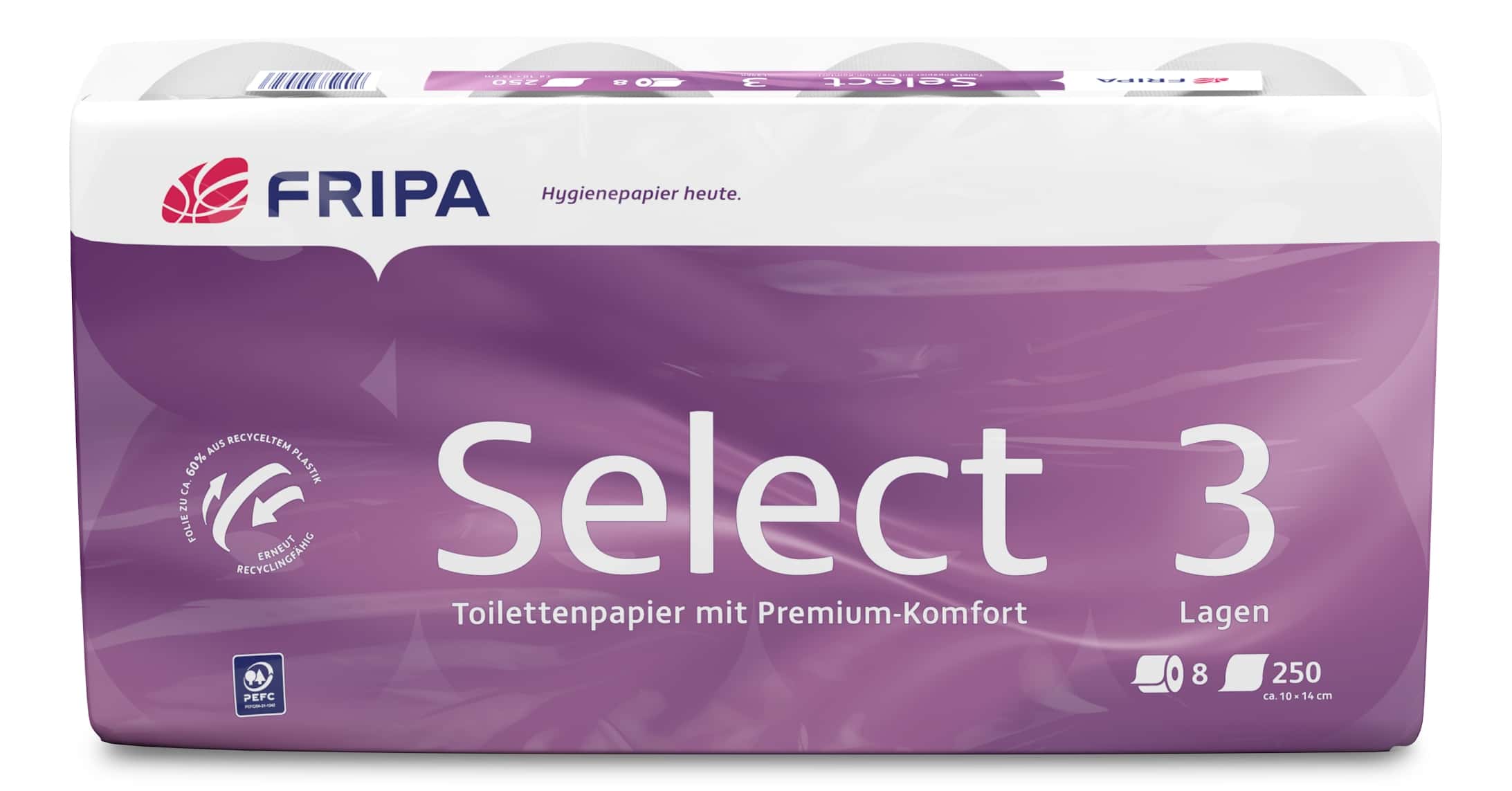 FRIPA Select 3 Toilettenpapier mit Premium-Komfort, 8 Rollen im lila-weißen Plastikgebinde für Hygienebedarf. FRIPA Select 3 Toilettenpapier mit Premium-Komfort, 8 Rollen im lila-weißen Plastikgebinde für Hygienebedarf.