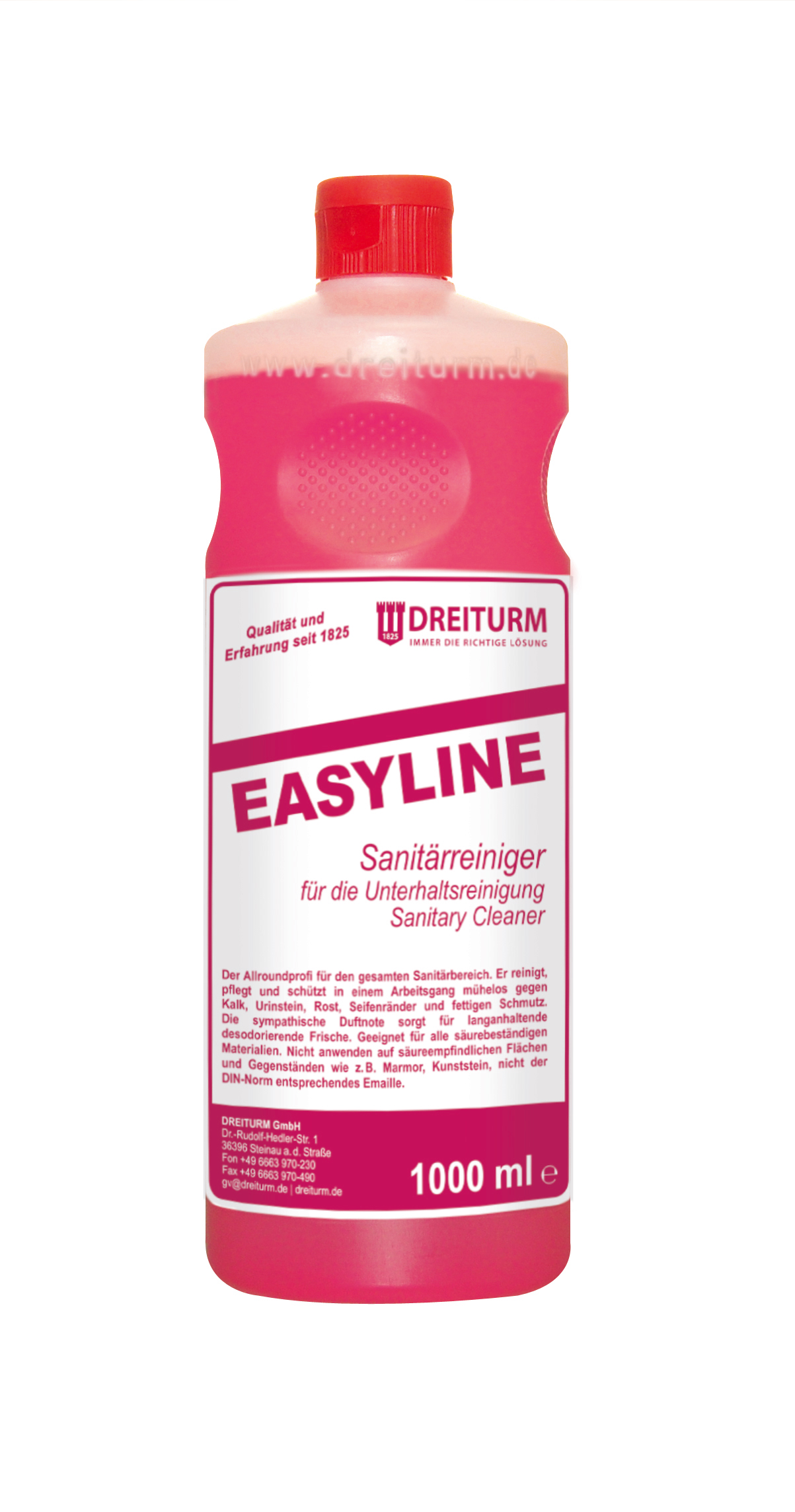 Dreiturm Easyline Sanitärreiniger in der 1-Liter-Flasche mit rotem Verschluss für die professionelle Objektpflege