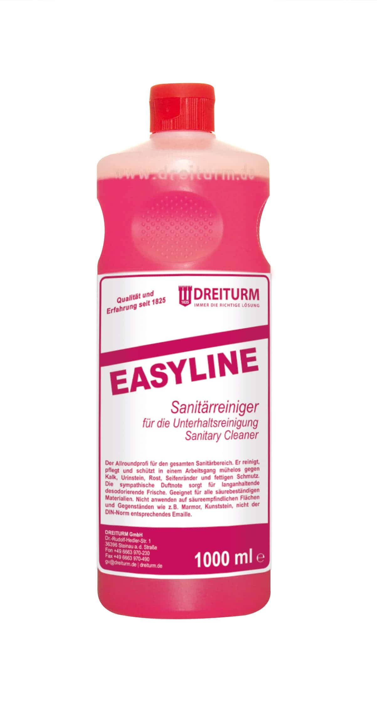 Dreiturm Easyline Sanitärreiniger 1 Liter Dreiturm Easyline Sanitärreiniger in der 1-Liter-Flasche mit rotem Verschluss für die professionelle Objektpflege