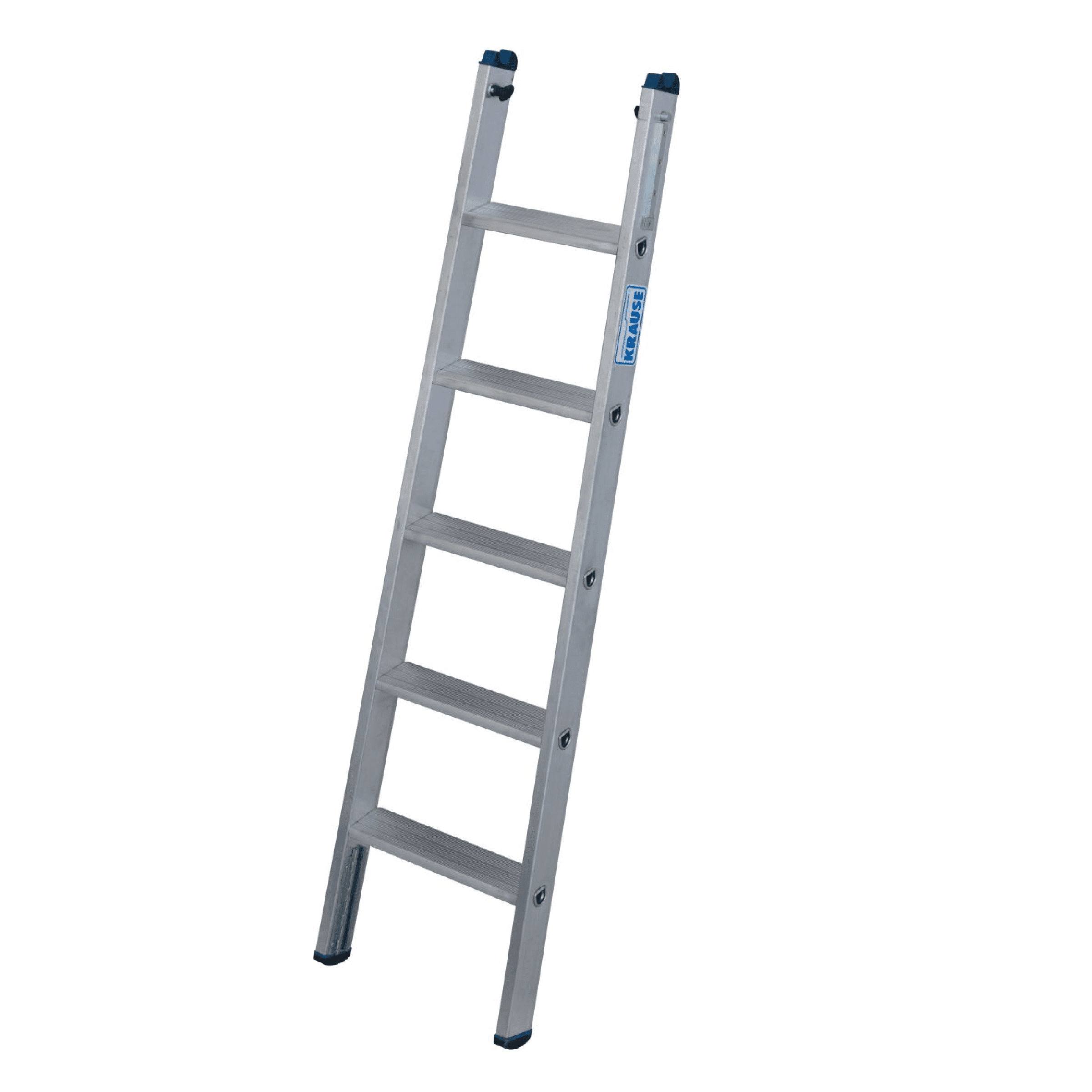 Krause Aluminium-Einzelleiter Krause Anlegeleiter aus Aluminium mit fünf Sprossen und blauen Endkappen aus Kunststoff für sicheren Zugang in der professionellen Reinigung