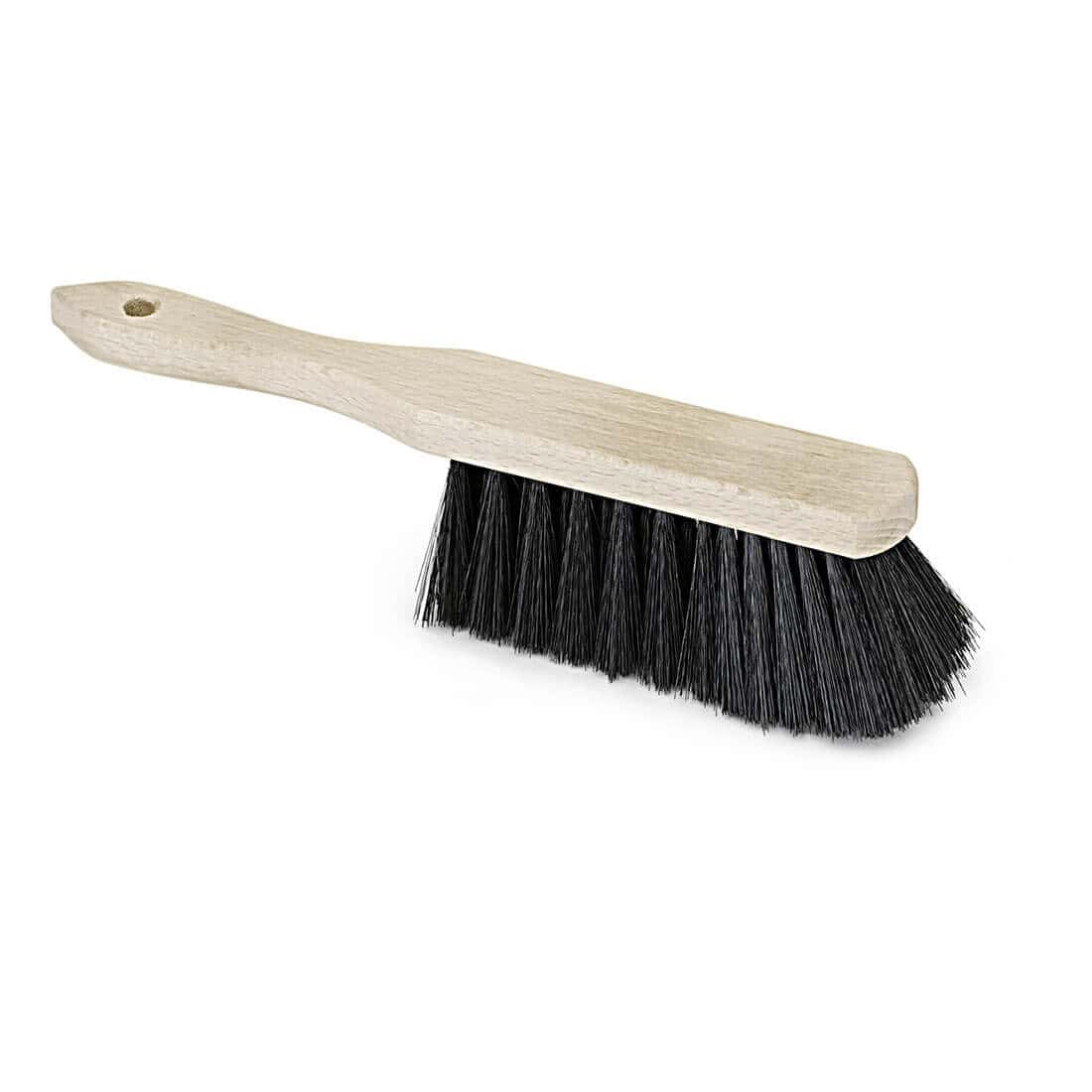 Professionelle Handbürste mit Holzgriff Handfeger mit hellem Holzgriff und dichten schwarzen Borsten zur effektiven Staubentfernung bei der professionellen Reinigung