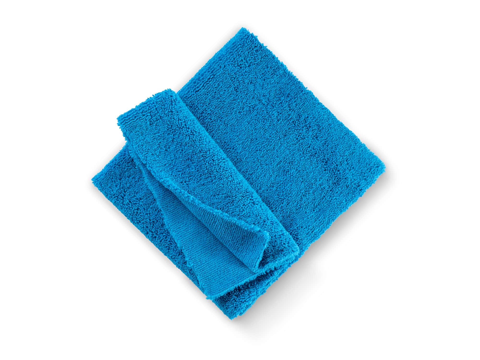 Blaues Mikrofasertuch, gefaltet, für die professionelle Reinigung von Oberflächen und zur Staubentfernung Blaues Mikrofasertuch, gefaltet, für die professionelle Reinigung von Oberflächen und zur Staubentfernung