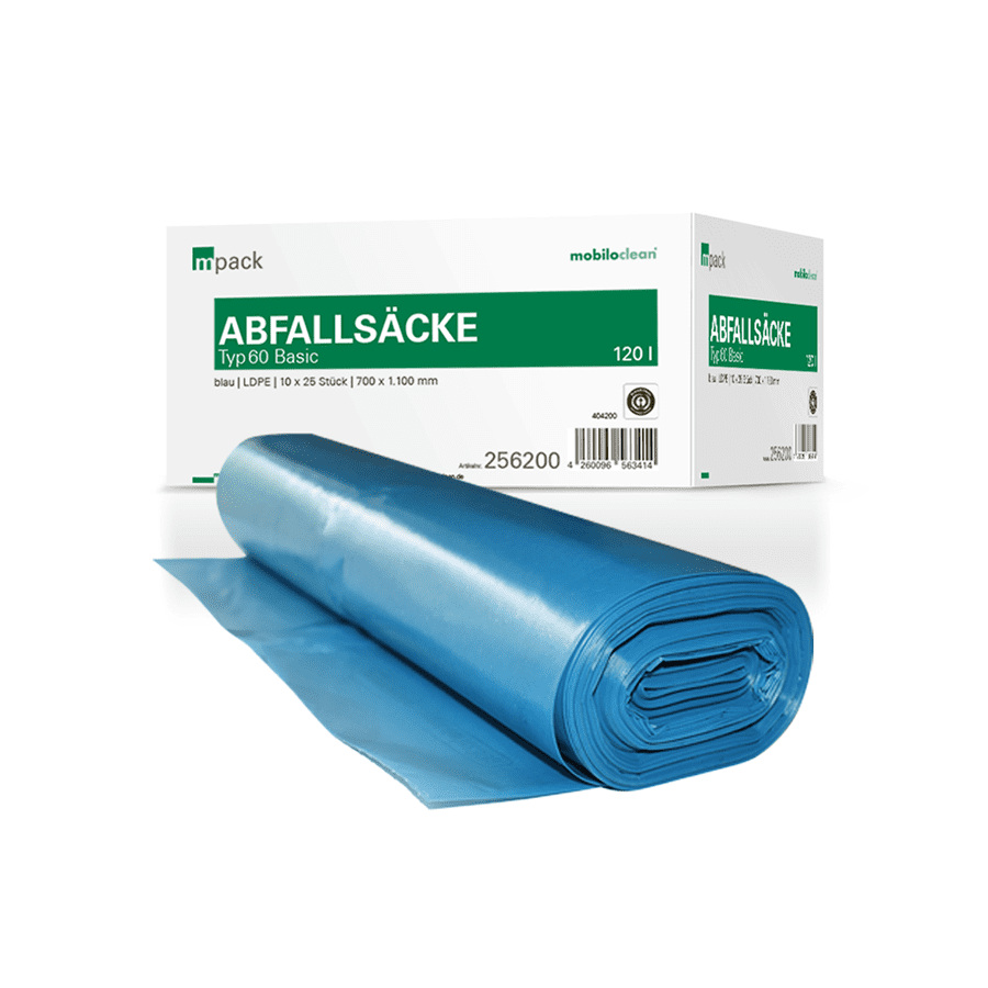 Mobilo Clean Abfallsäcke Typ 60 Basic, blaue Müllsäcke auf Rolle, 120 Liter, für professionelle Reinigung Mobilo Clean Abfallsäcke Typ 60 Basic, blaue Müllsäcke auf Rolle, 120 Liter, für professionelle Reinigung