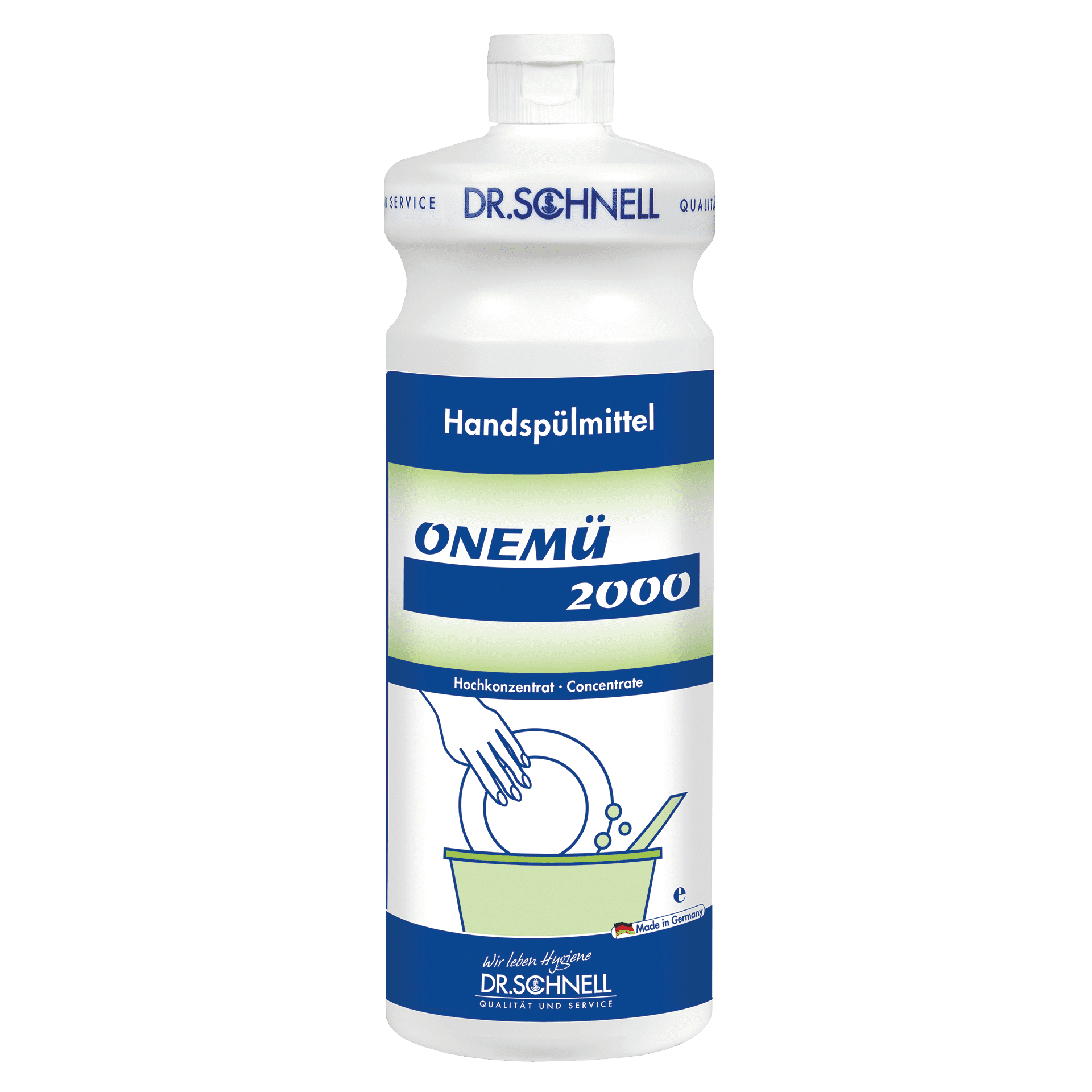 Dr. Schnell Handspülmittel ONEMÜ 2000 in Flasche mit blauem Etikett für Geschirrreinigung Dr. Schnell Handspülmittel ONEMÜ 2000 in Flasche mit blauem Etikett für Geschirrreinigung