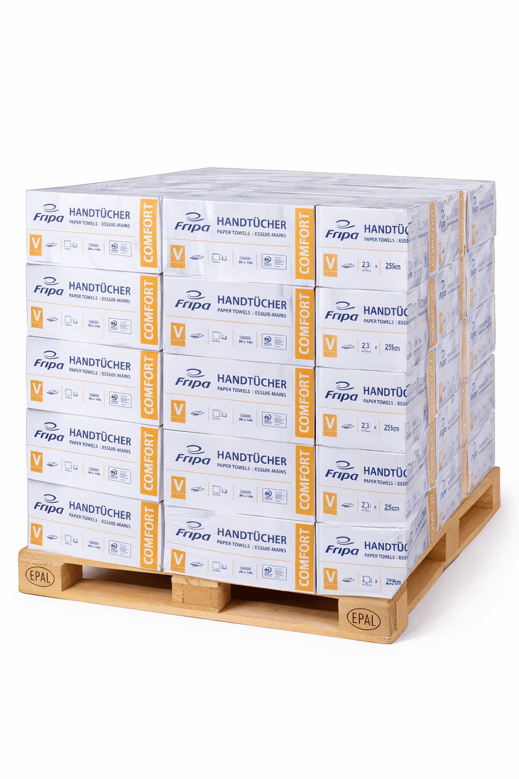 Fripa Comfort Papierhandtücher auf einer Holzpalette, gestapelt für den Einsatz in der Gebäudereinigung und Gewerbe. Fripa Comfort Papierhandtücher auf einer Holzpalette, gestapelt für den Einsatz in der Gebäudereinigung und Gewerbe.