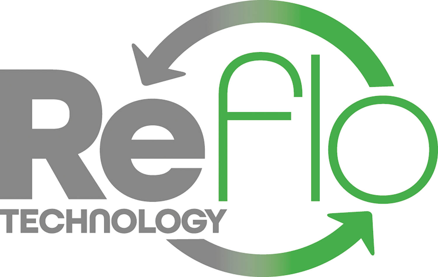 ReFlo Technology-Logo mit grauen und grünen kreisförmigen Pfeilen rund um den Text für nachhaltige Reinigungsgeräte