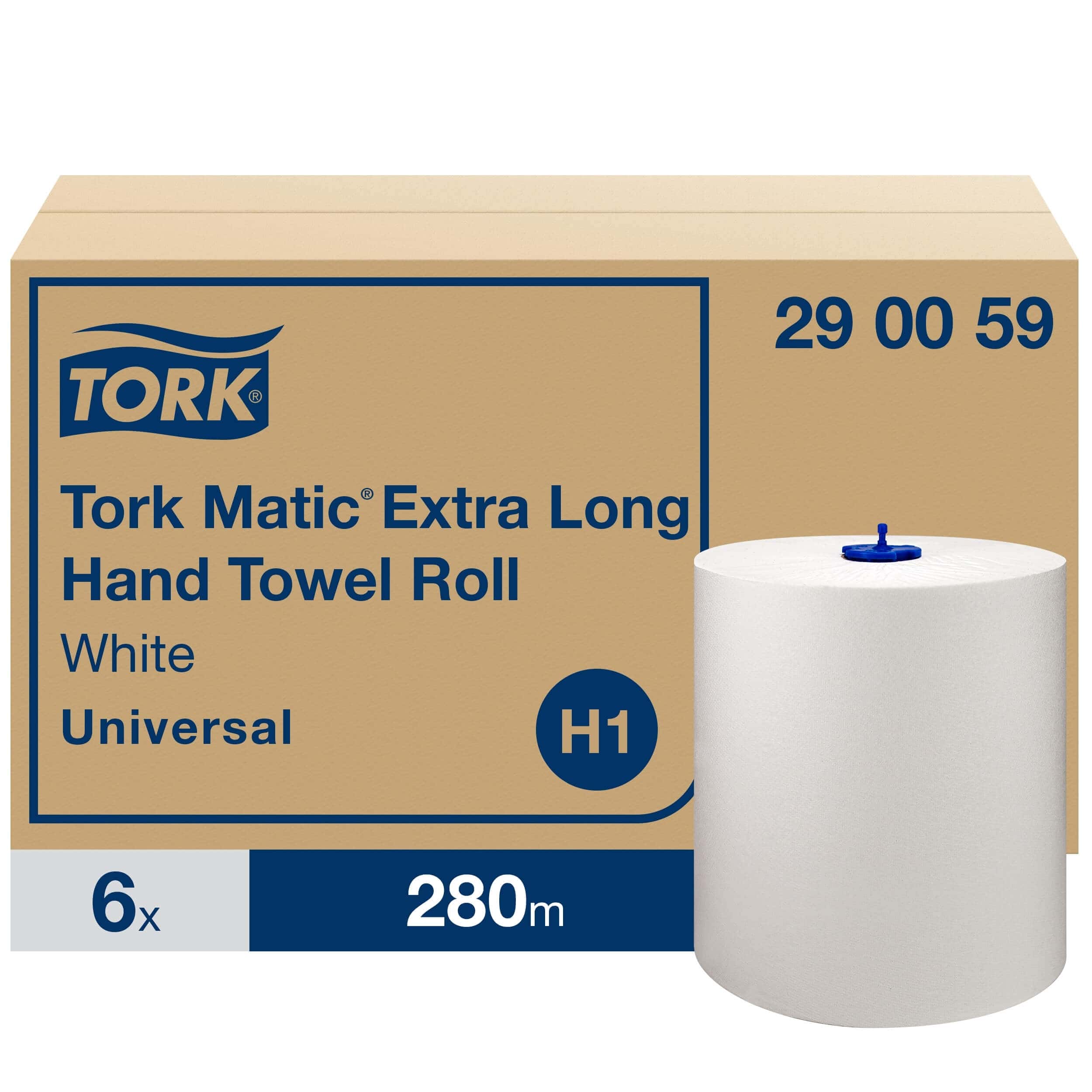 Tork Matic Extra lange Handtuchrolle Tork Matic Extra Long Handtuchrolle in Weiß mit H1-Systemkompatibilität und Kartonverpackung für Waschräume