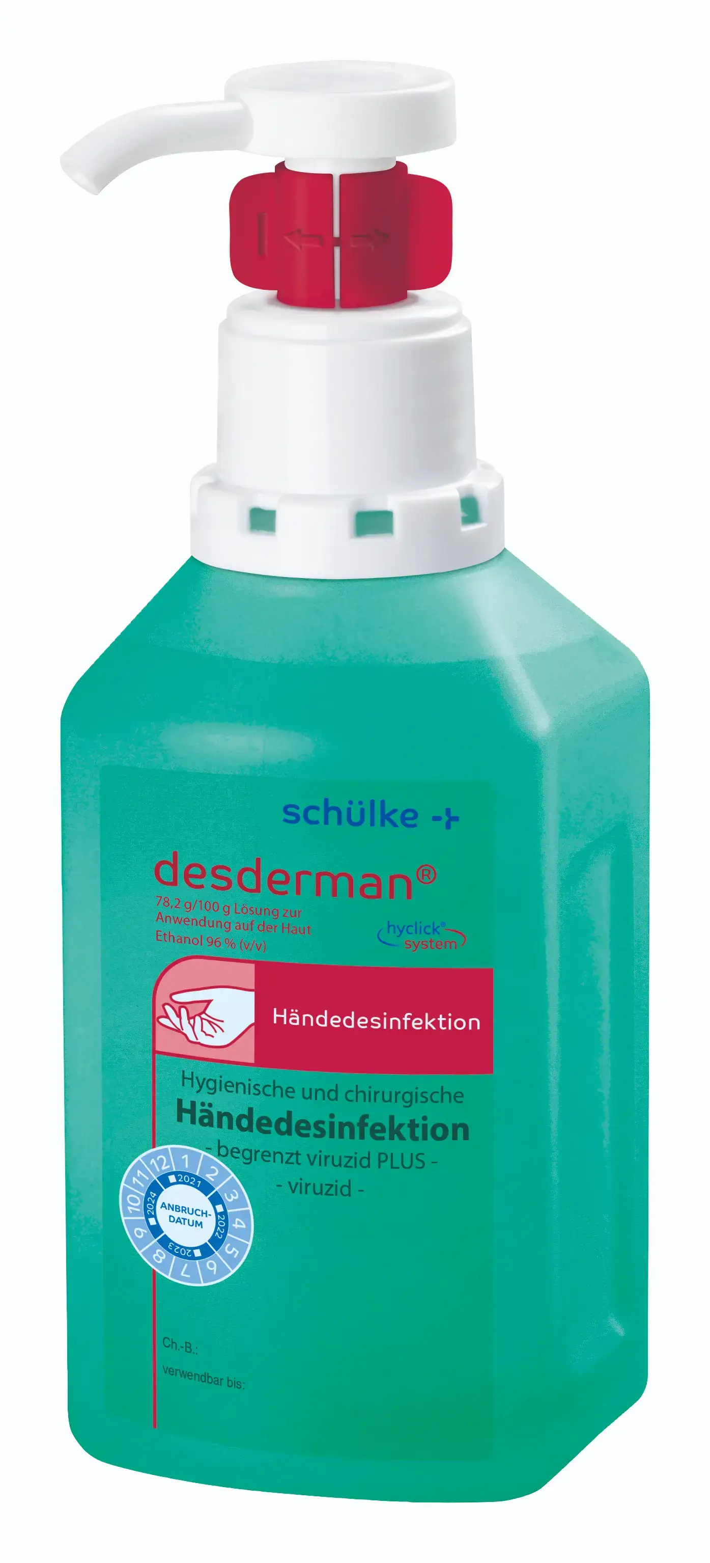 Schülke Desderman Händedesinfektionsflasche Schülke desderman Händedesinfektionsmittel in grüner Flasche mit weißem Pumpspender für professionelle Hygieneanwendungen