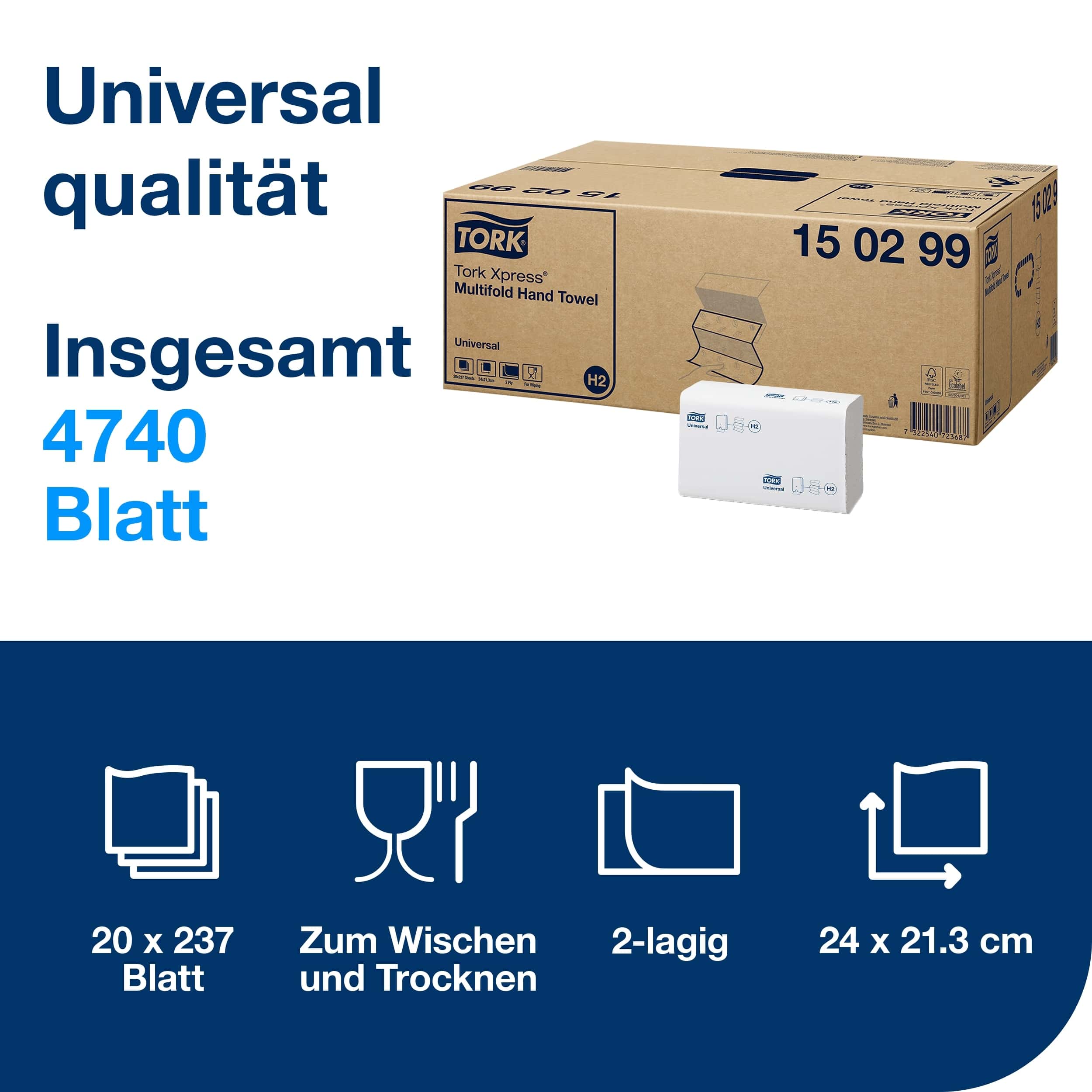 Tork Xpress Multifold-Handtuchverpackung Tork Xpress® Multifold-Handtuchverpackung mit 4.740 sichtbaren Blättern.