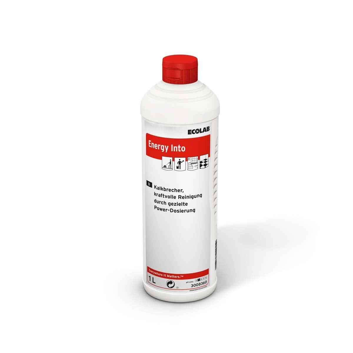 Ecolab Energy Into Kalklöser im weißen 1-Liter-Kanister mit rotem Schraubverschluss und Etikett für Sanitärreinigung Ecolab Energy Into Kalklöser im weißen 1-Liter-Kanister mit rotem Schraubverschluss und Etikett für Sanitärreinigung