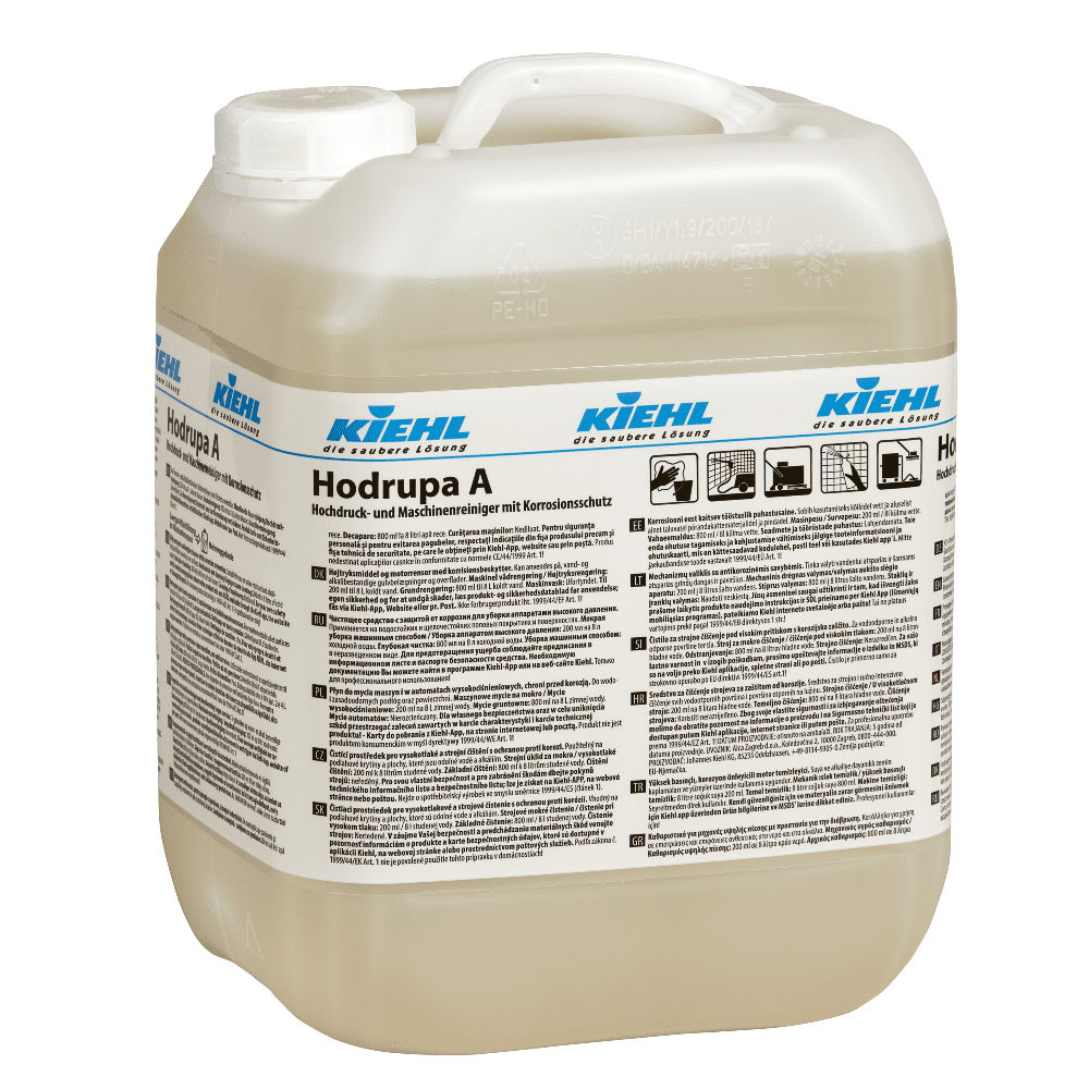 Hodrupa Ein Kanister für Hochdruckreiniger Hodrupa Ein Hochdruck- und Maschinenreiniger im 10-Liter-Kanister mit sichtbarem Etikett.
