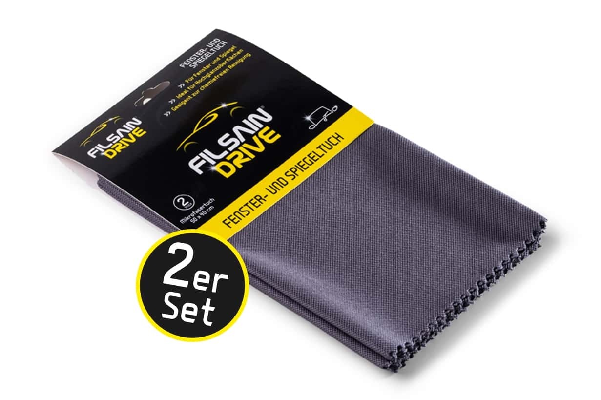 Filsain Drive Fenster- und Spiegel-Mikrofasertuch-Set Filsain Drive Mikrofasertuch-Set für Fenster und Spiegel in Grau mit schwarzer Verpackung für die professionelle Reinigung