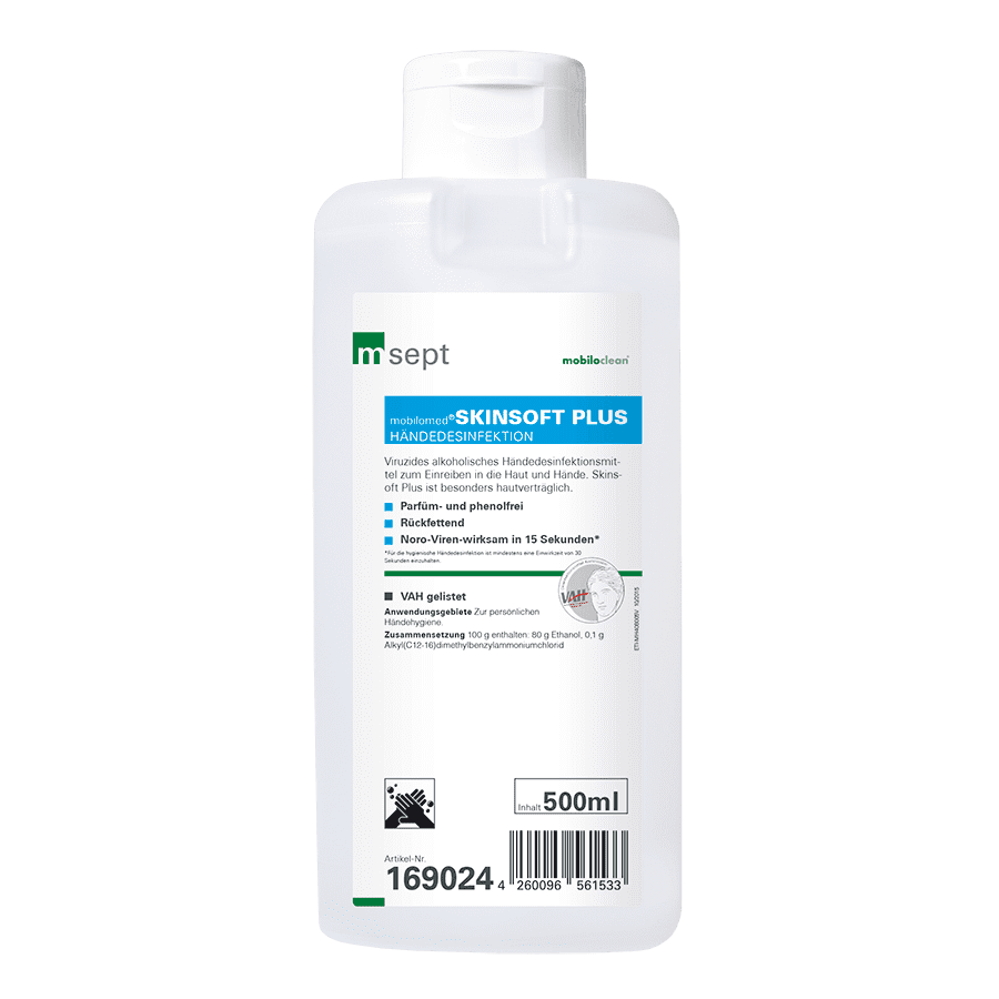 Mobilomed Skinsoft Plus Händedesinfektionsmittel 500ml Mobilomed Skinsoft Plus Händedesinfektionsmittel in der 500-ml-Flasche mit weißem Klappdeckel für die professionelle Händehygiene