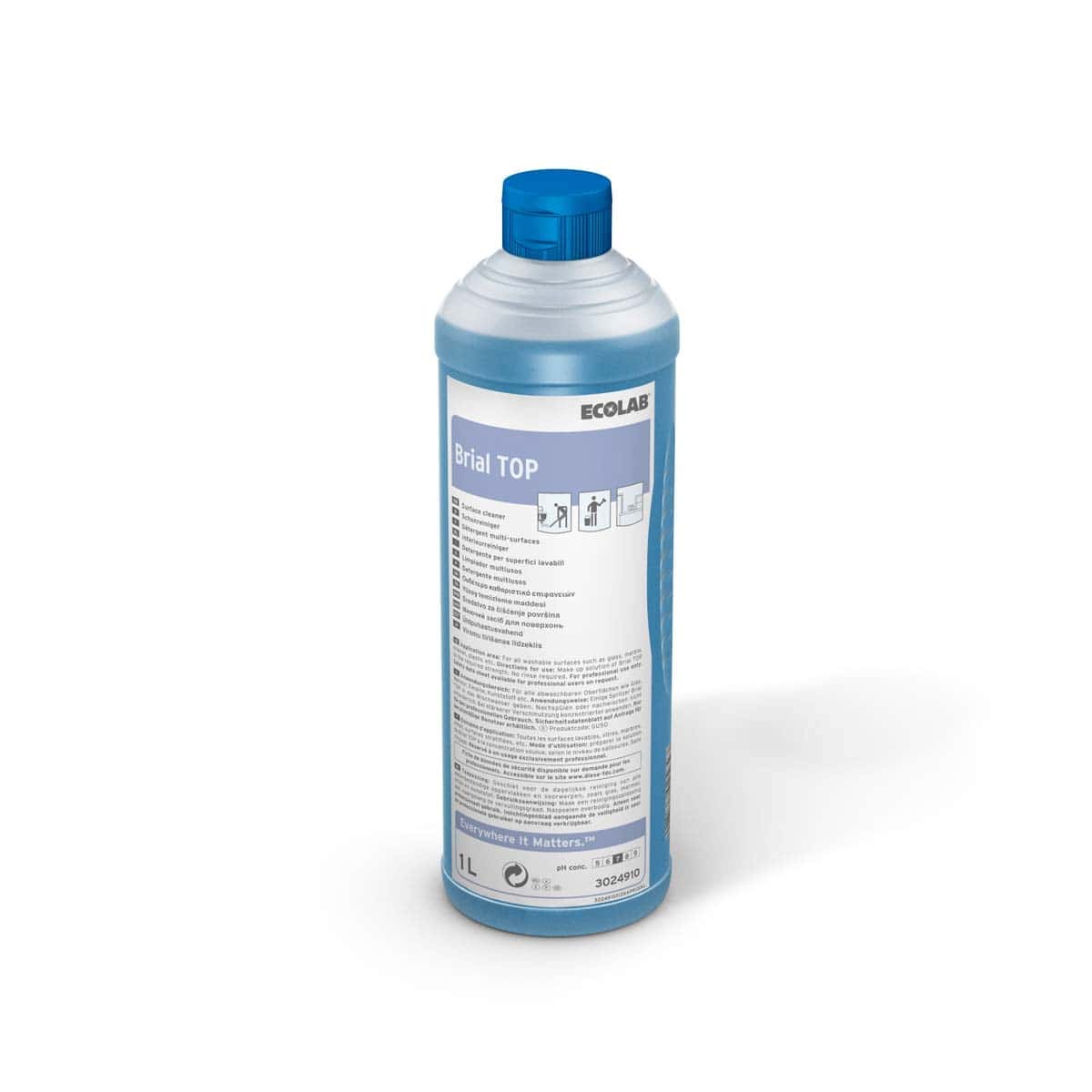 Ecolab Brial TOP Reinigungsmittel in blauer Flasche mit blauem Schraubverschluss für professionelle Oberflächenreinigung Ecolab Brial TOP Reinigungsmittel in blauer Flasche mit blauem Schraubverschluss für professionelle Oberflächenreinigung