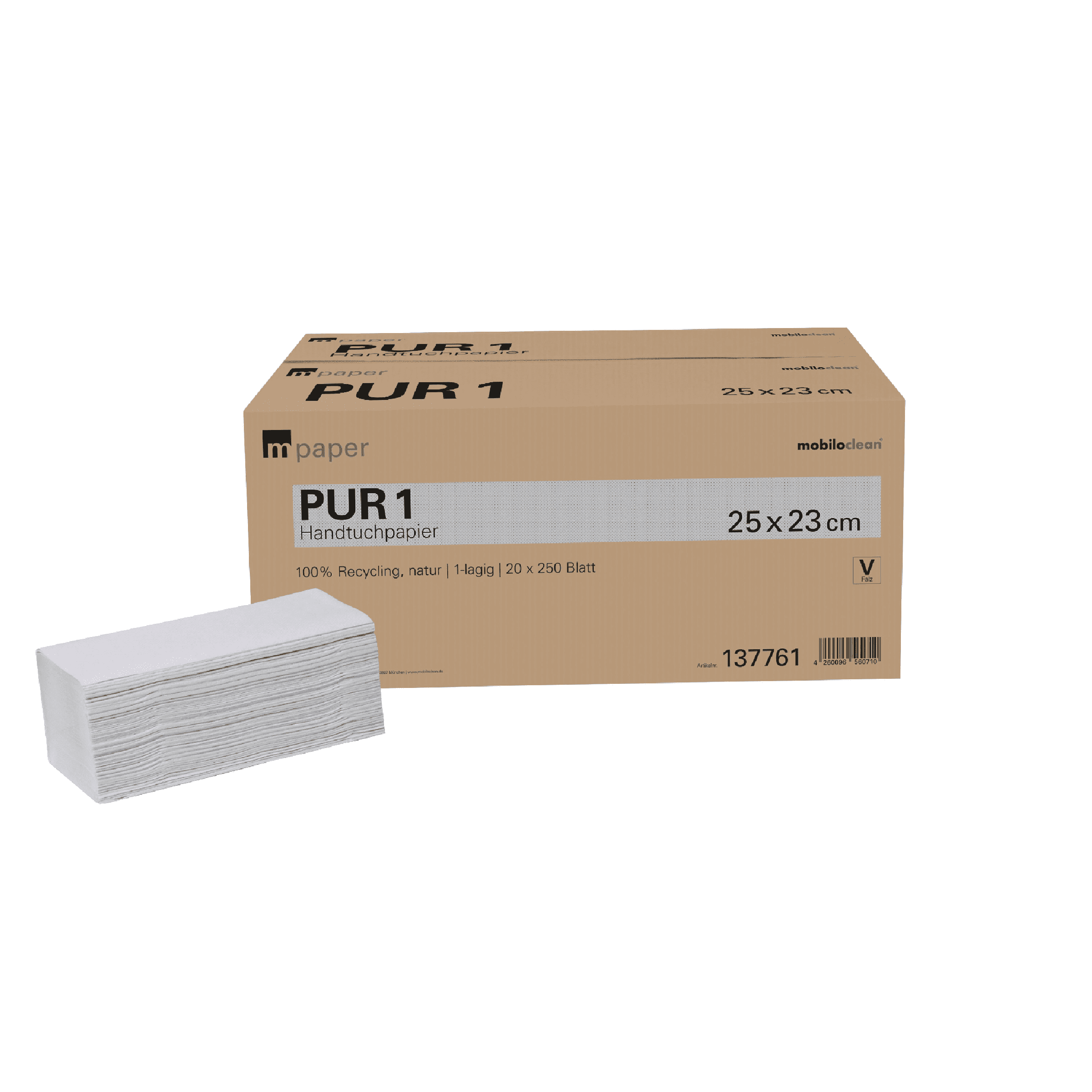 mPaper PUR 1 Handtuchpapier-Packung mPaper PUR 1 Handtuchpapierpaket mit sichtbaren einzelnen Handtüchern